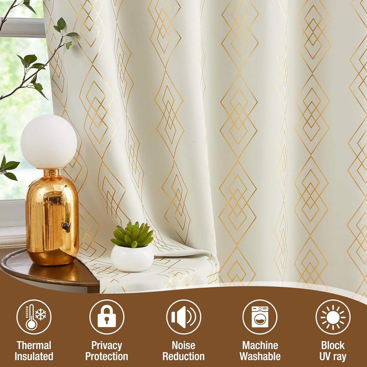 Metallic Geo Blackout Curtain Panels for Bedroom Thermal Insulated Light Blocking Foil Trellis Moroccan Window Treatments Diamond Grommet Drapes for Living-Room, Set of 2, 50" X 84", Beige/Gold  ugoutry   