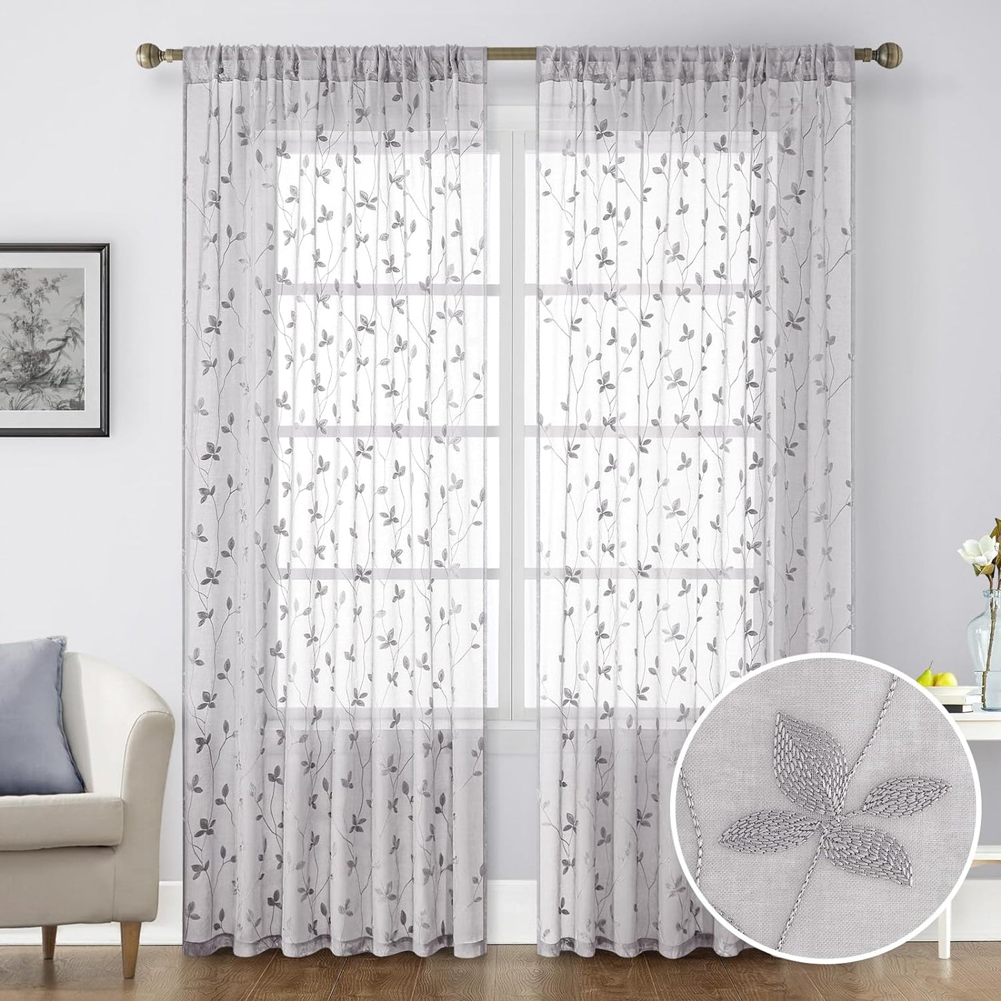 HOMEIDEAS Sage Green Sheer Curtains 52 X 63 Inches Length 2 Panels Embroidered Leaf Pattern Pocket Faux Linen Floral Semi Sheer Voile Window Curtains/Drapes for Bedroom Living Room  HOMEIDEAS Vine Light Grey W52" X L96" 