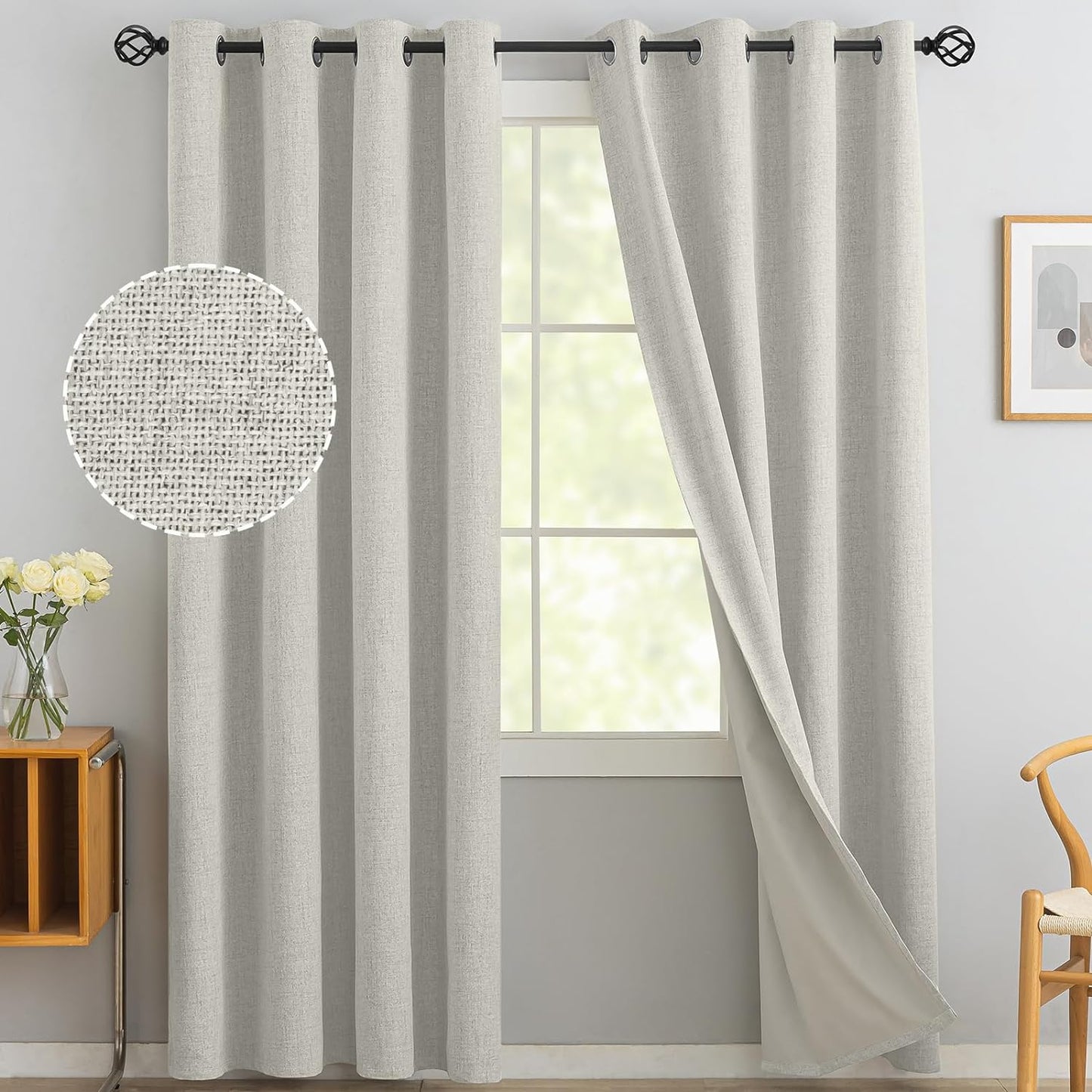 Yakamok Natural Linen Curtains 100% Blackout 84 Inches Long,Room Darkening Textured Curtains for Living Room Thermal Grommet Bedroom Curtains 2 Panels with Greyish White Liner  Yakamok Cream 52W X 90L / 2 Panels 