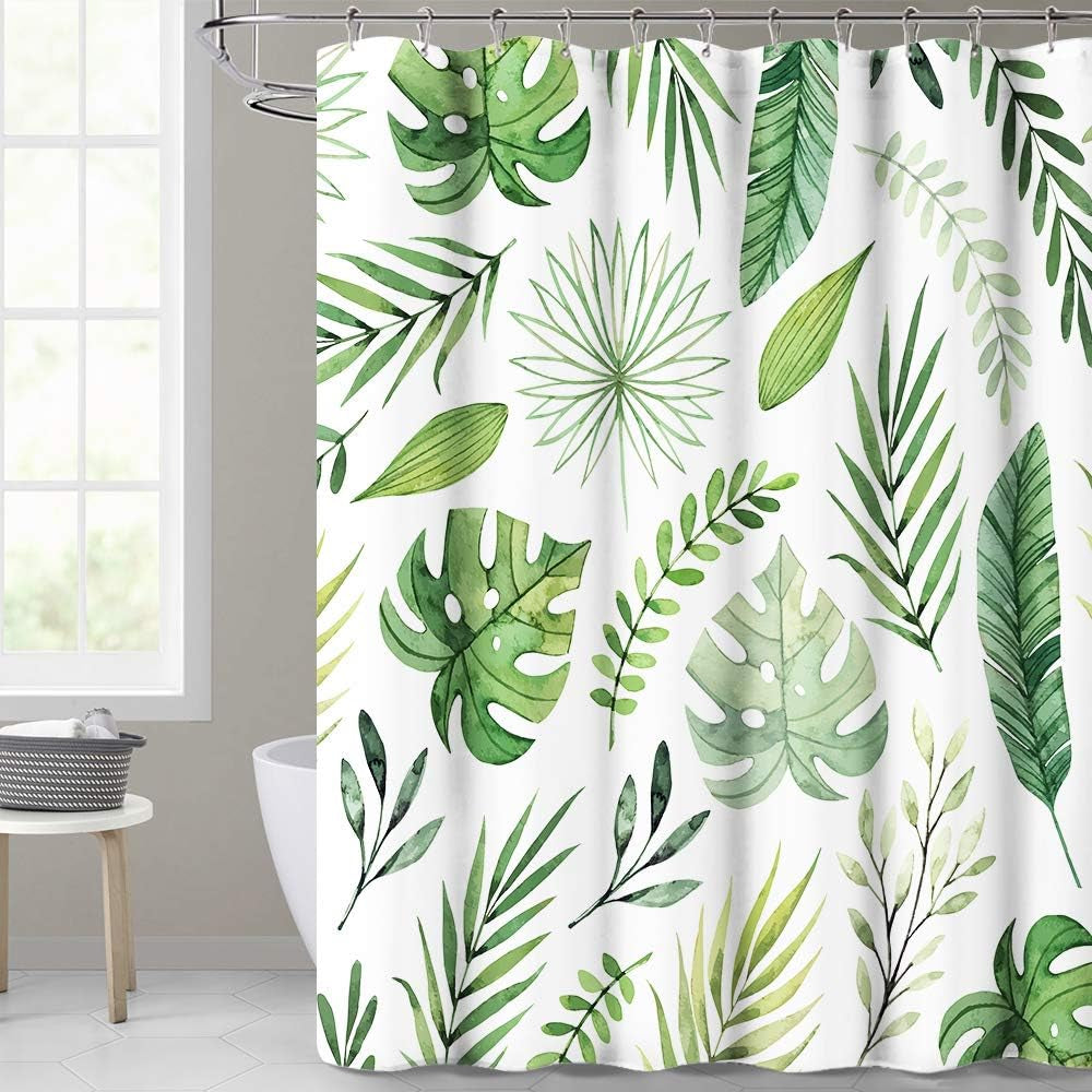 KGORGE Shower Curtains for Bathroom - Tropical Leaves Plant on White Background Odorless Curtain for Bathroom Showers and Bathtubs Spa Dorm, W 72 X L 96 Inches Long, Hooks Included