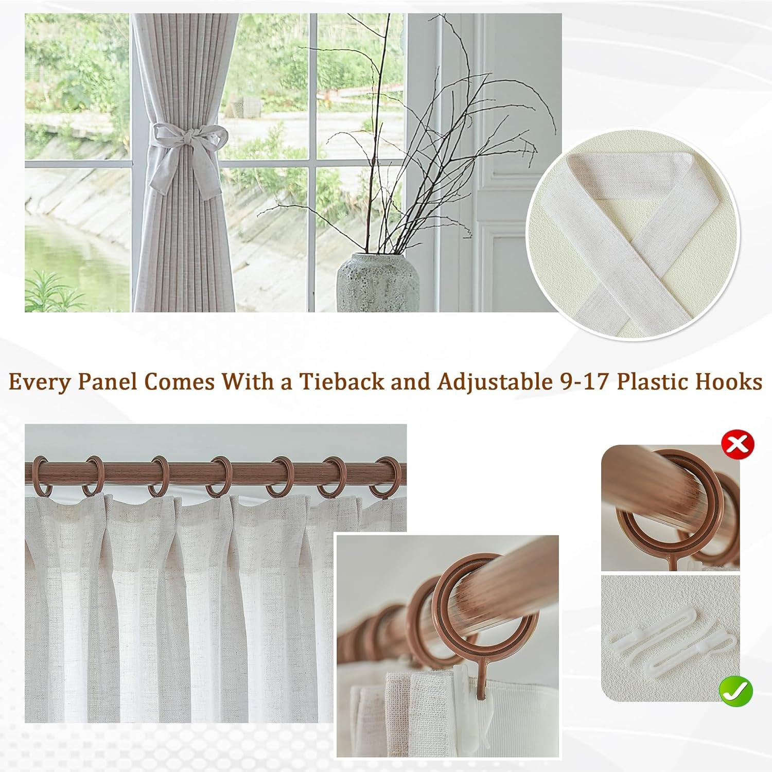 HUTO Extra Wide Pinch Pleated Semi Sheer Curtains, Privacy Light Filtering Beige White Linen Pinch Pleat Drapes 96 Inch Length for Patio Door Living Room Bedroom with Hooks (1 Panel, 100 W X 96 L)  HUTO   