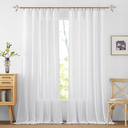 RYB HOME Sheer Linen Textured Curtains Semi Sheers Drapes Light Airy Breathable Fabric Window Decor for Patio Door Living Room Dining, White, 70 Inch Width X 95 Inch Length, 2 Panels  RYB HOME   