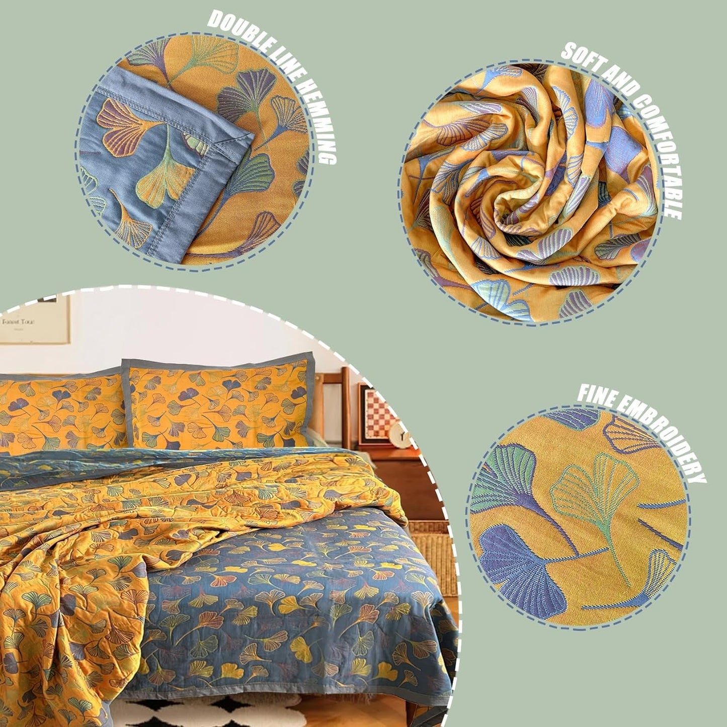3 Piece Ginkgo Quilt Set with 2 Pillow Shams Queen Reversible Cotton Quilt Bedding Set Lightweight Bedspread Coverlet Sets Queen Size (Queen Quilt)