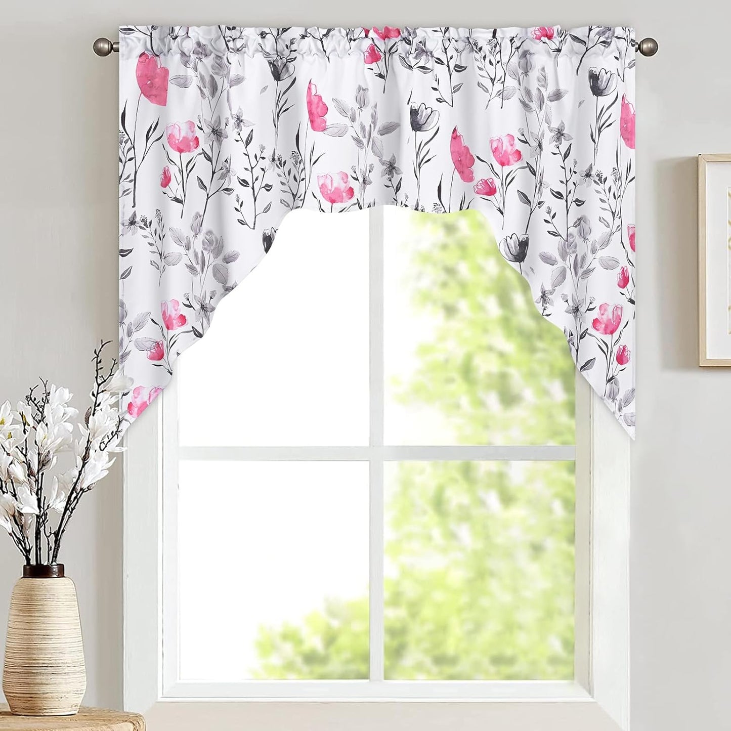 Likiyol Floral Kithchen Curtains 36 Inch Watercolor Flower Leaves Tier Curtains, Yellow and Gray Floral Cafe Curtains, Rod Pocket Small Window Curtain for Cafe Bathroom Bedroom Drapes  Likiyol Pink 36"L X 60"W 
