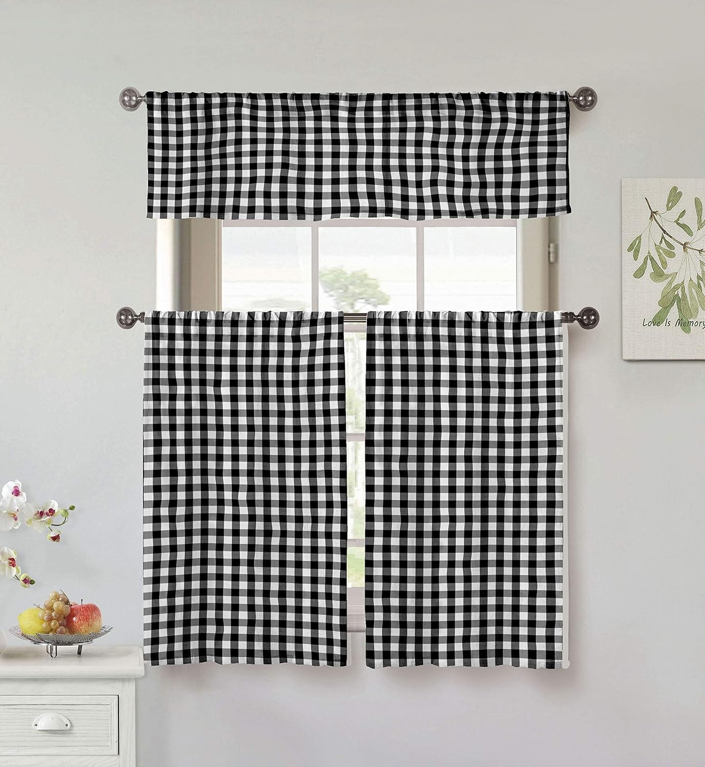 Grey and White Farmhouse Checkered Gingham Buffalo Plaid Window Treatment with Valances for Kitchen and Living Room 3 Piece Tier Set 58Wx51L Inches