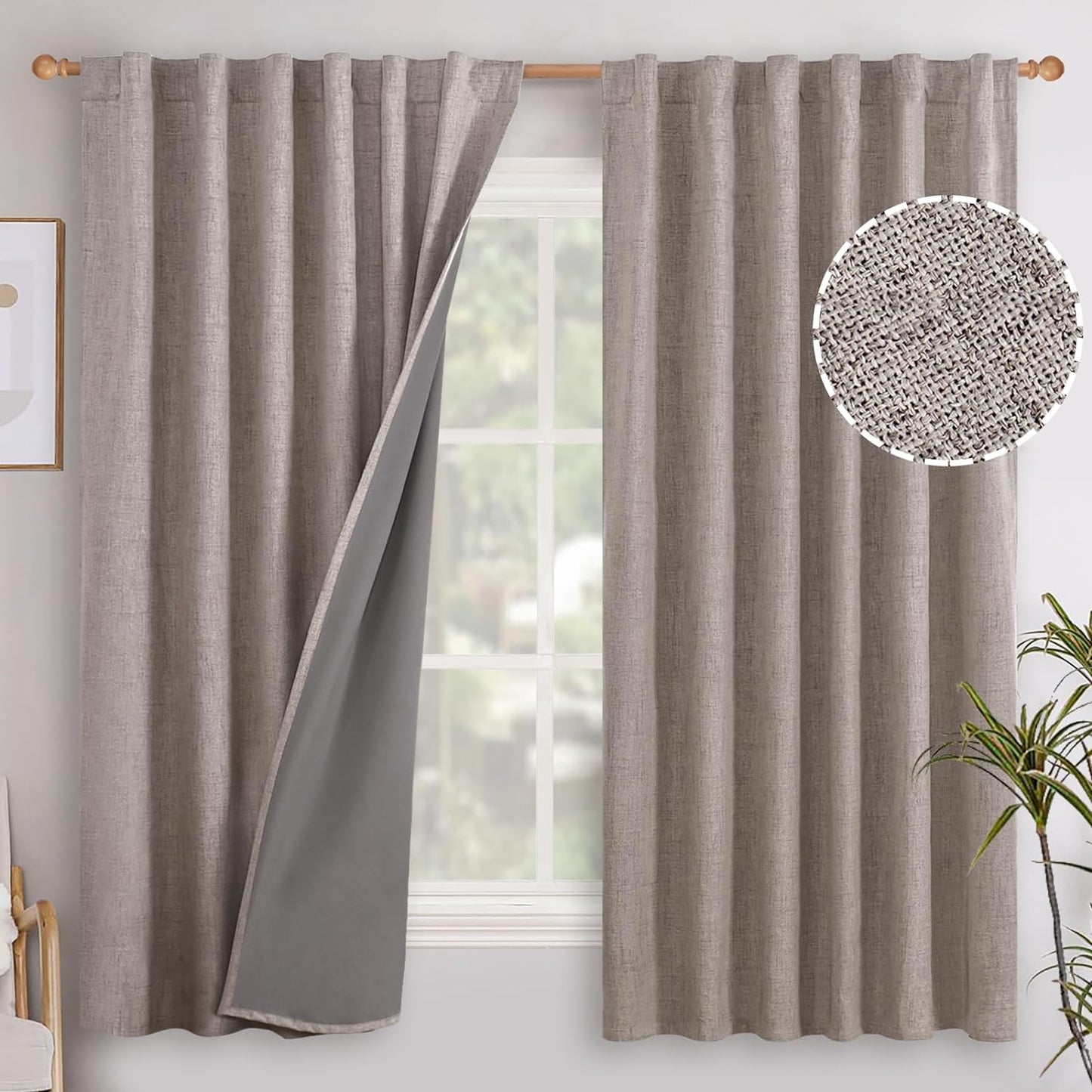 Youngstex Linen Blackout Curtains 63 Inch Length, Grommet Darkening Bedroom Curtains Burlap Linen Window Drapes Thermal Insulated for Basement Summer Heat, 2 Panels, 52 X 63 Inch, Beige  YoungsTex Back Tab/Burlap 52W X 63L 