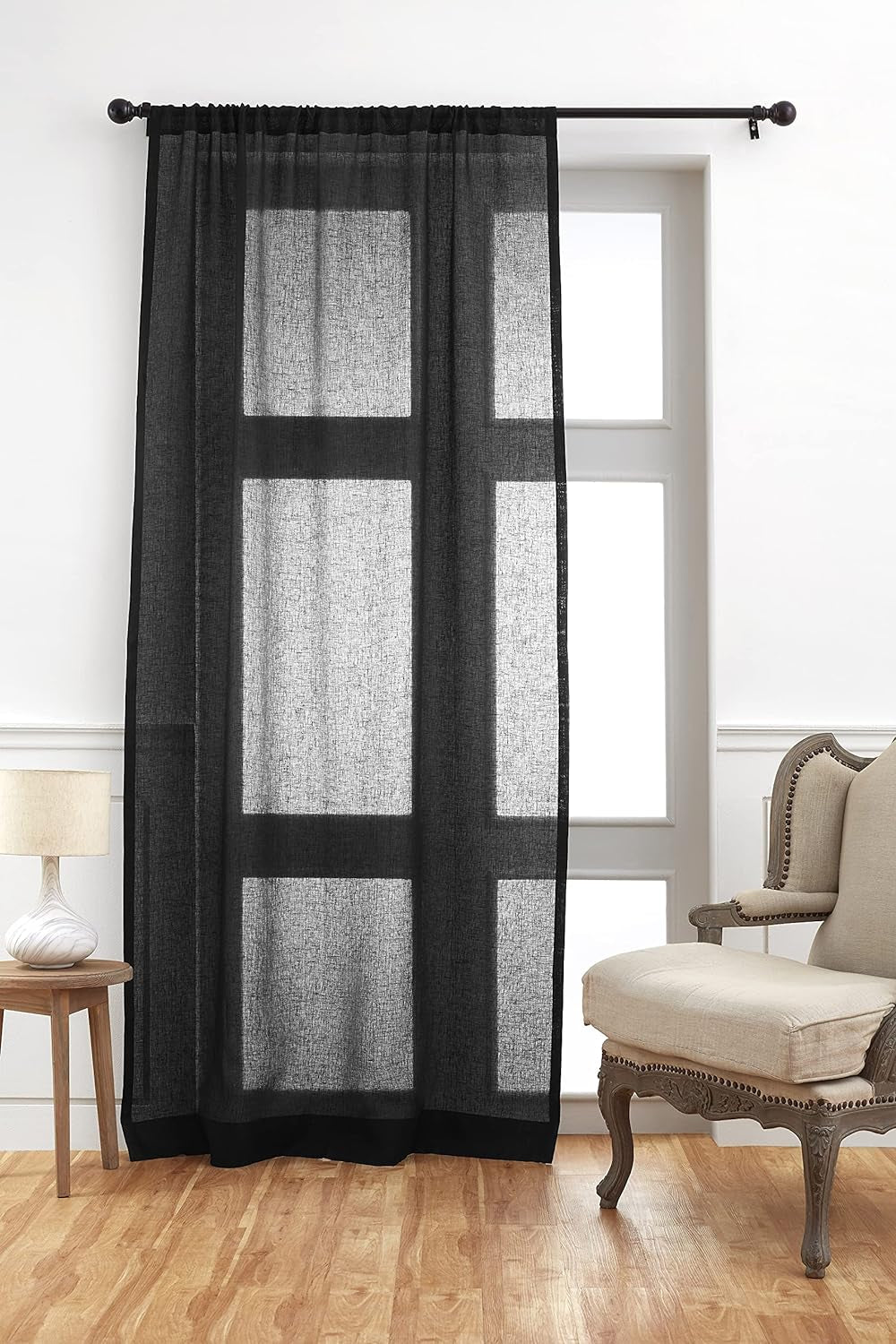 Solino Home Linen Sheer Curtain – 52 X 45 Inch Light Natural Rod Pocket Window Panel – 100% Pure Natural Fabric Curtain for Living Room, Indoor, Outdoor – Handcrafted from European Flax  Solino Home Black 52 X 63 Inch 
