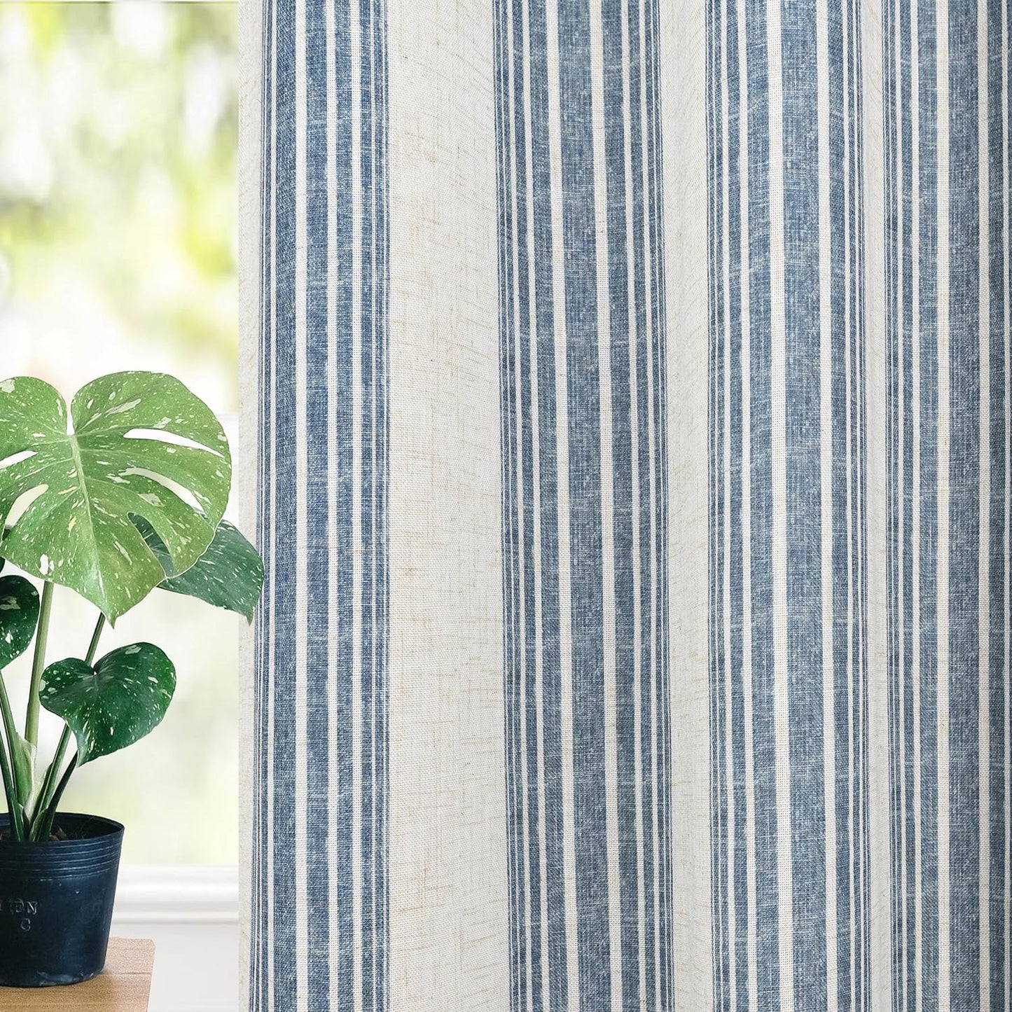 Driftaway Chris Vertical Striped Pattern Linen Blend Lined Thermal Insulated Blackout and Room Darkening Grommet Linen Curtains for Farmhouse Printed 2 Panels 52 Inch by 96 Inch Jean Navy Curtain  DriftAway Jean Navy 52"X54" 