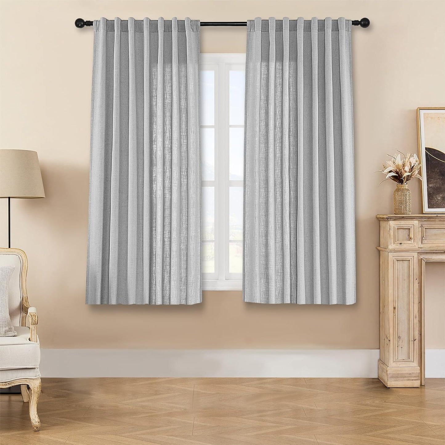 Joydeco Linen Curtains for Living Room,Light Filtering Rod Pocket Back Tab Semi Sheer Drapes Window Long Curtains 63 Inches Long Ebony Grey  Joydeco   