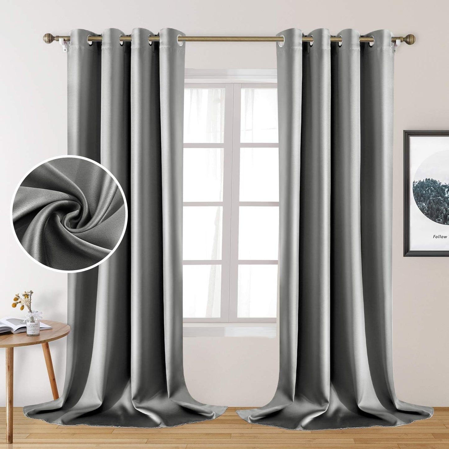 HOMEIDEAS Gold Blackout Curtains, Faux Silk for Bedroom 52 X 84 Inch Room Darkening Satin Thermal Insulated Drapes for Window, Indoor, Living Room, 2 Panels  HOMEIDEAS Silver Grey 52" X 108" 