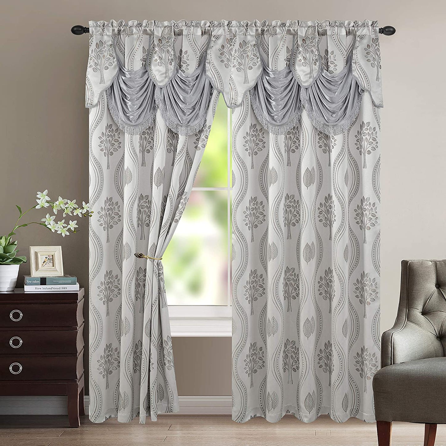 Elegant Comfort Aurora Jacquard Look Curtain Panel Set with Attached Valance 54" X 84 Inch (Set of 2), Sage  ElegantComfort Grey 84"L X 54"W 