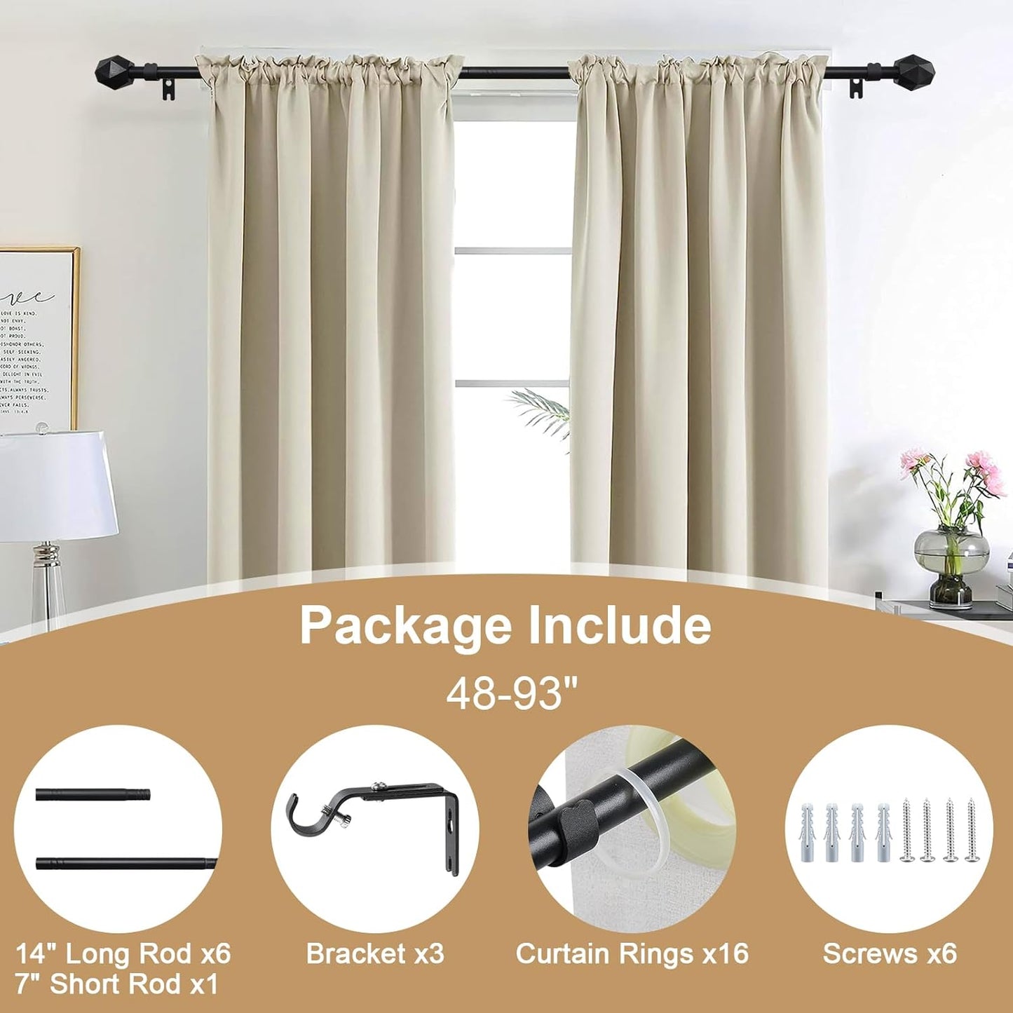 Curtain Rods for Windows 48 to 93 Inch - 5/8" Metal Heavy Duty Curtain Pole with Adjustable Brackets, Outdoor Curtain Rods for Patio,Living Room,Sliding Glass Door - Matte Black Decorative Curtain Rod  LAKEROD   