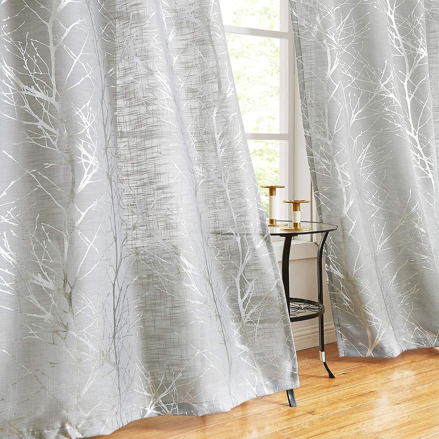 FMFUNCTEX Blue White Curtains for Kitchen Living Room 72“ Grey Tree Branches Print Curtain Set for Small Windows Linen Textured Semi-Sheer Drapes for Bedroom Grommet Top, 2 Panels  Fmfunctex Semi-Sheer: Grey + Foil Silver 50" X 54" |2Pcs 