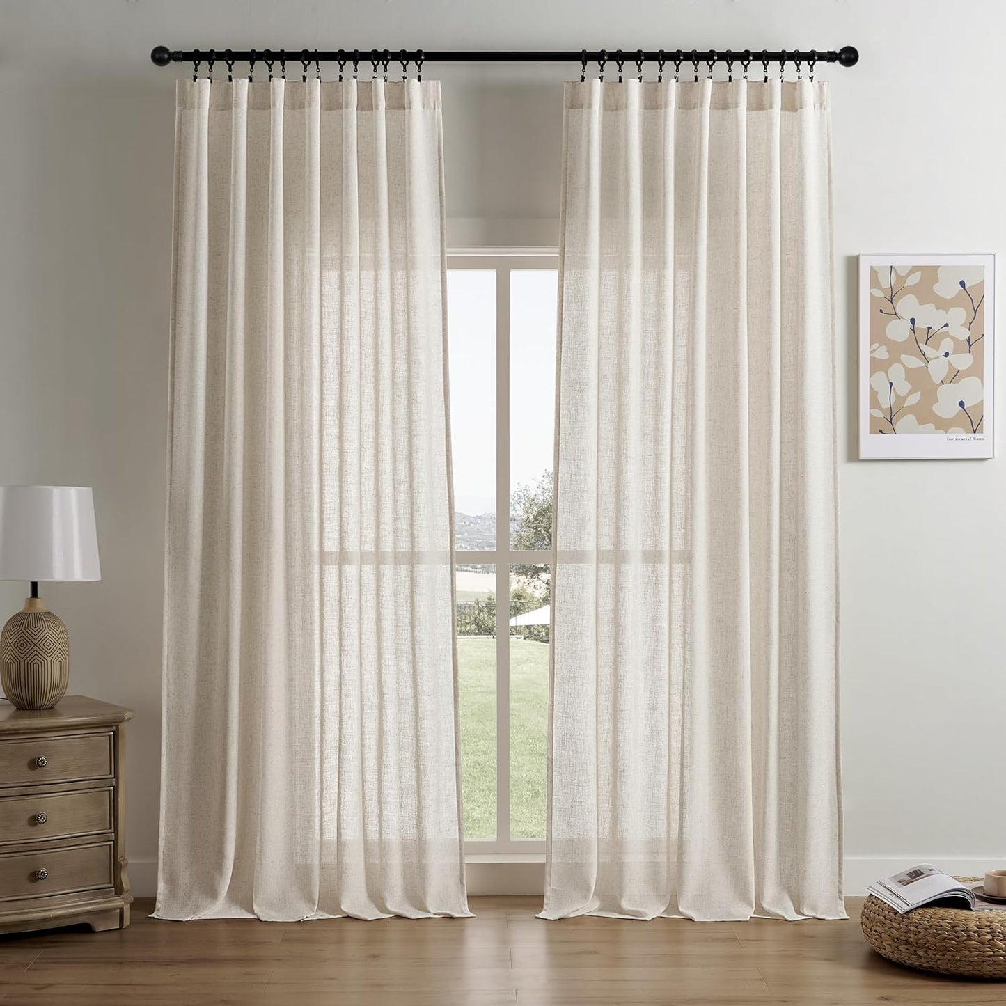 Joydeco Linen Curtains for Living Room,Semi-Sheer Curtains 108 Inches Long,Living Room Curtains 2 Panel Sets,White Curtains Pinch Pleated Curtains & Drapes(W52 X L108 Inch, Off-White)  Joydeco Ecru 52W X 72L Inch X 2 Panels 