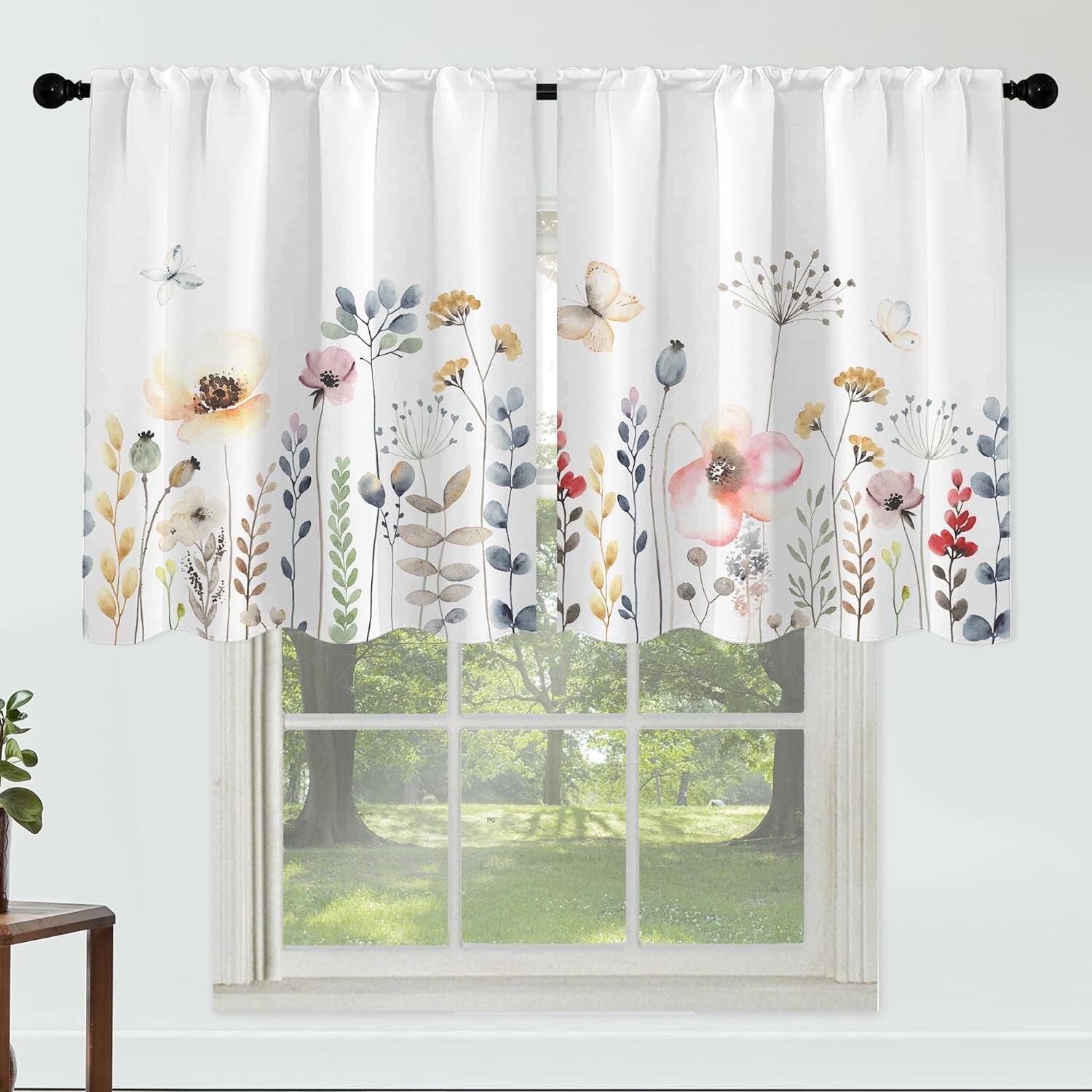 Floral Leaves Curtain for Kitchen Bathroom Watercolour Pink Flower Rod Pocket Window Tier Curtains Valance Set 3 Pcs Plant Printed Curtains 54 X 18 Inches + 27 X 36 Inches *2