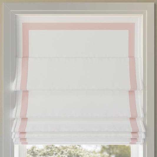 Sun Zero Marline Pink Ribbon Border Stripe 100% Blackout Cordless Roman Shade, 33" X 64", Pink/White