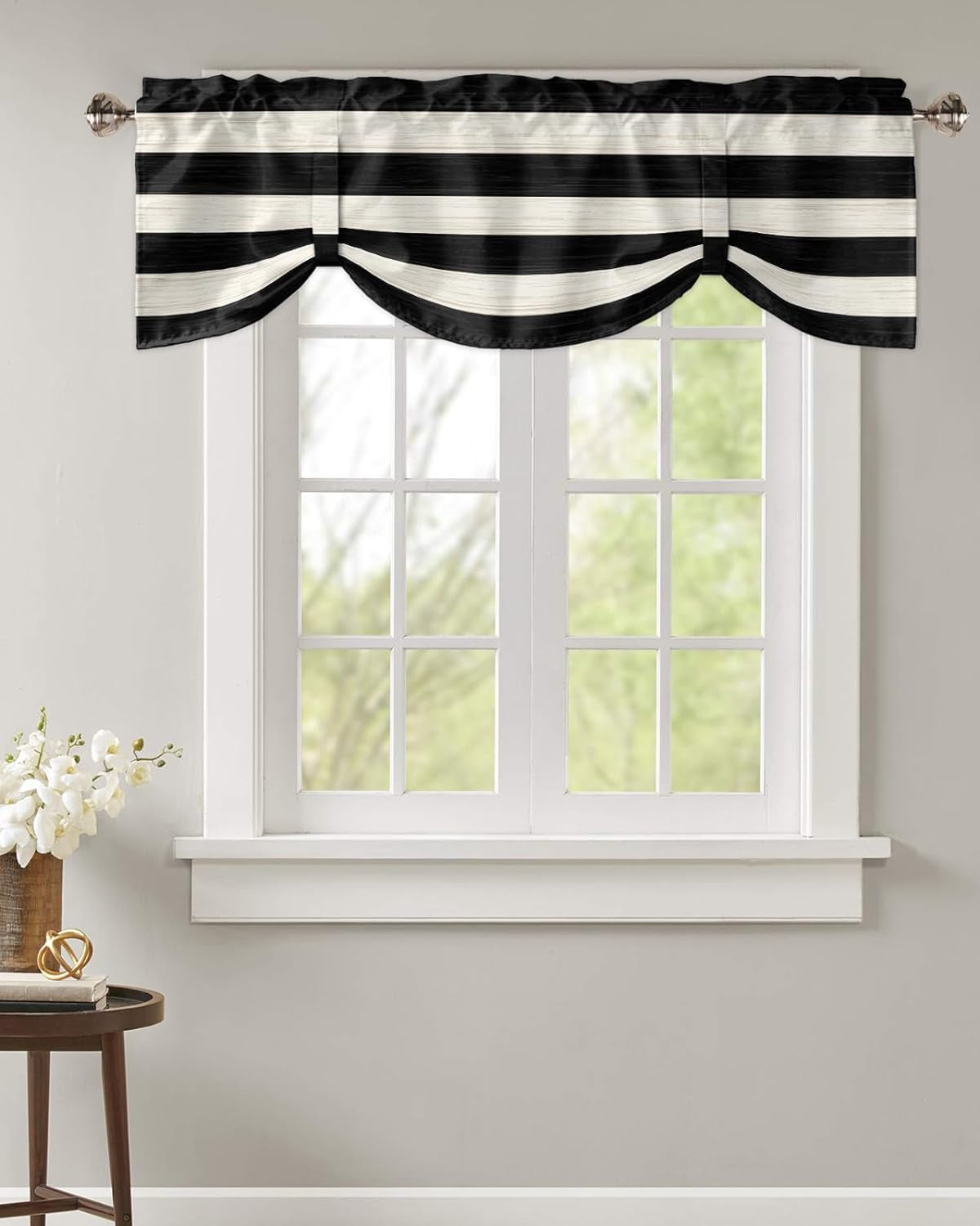 Black and White Stripe Tie up Curtain Valance Window Topper 1 Panel 42X18In,Wood Board Texture Adjustable Rod Pocket Short Window Shade Valances for Kitchen Bedroom Windows
