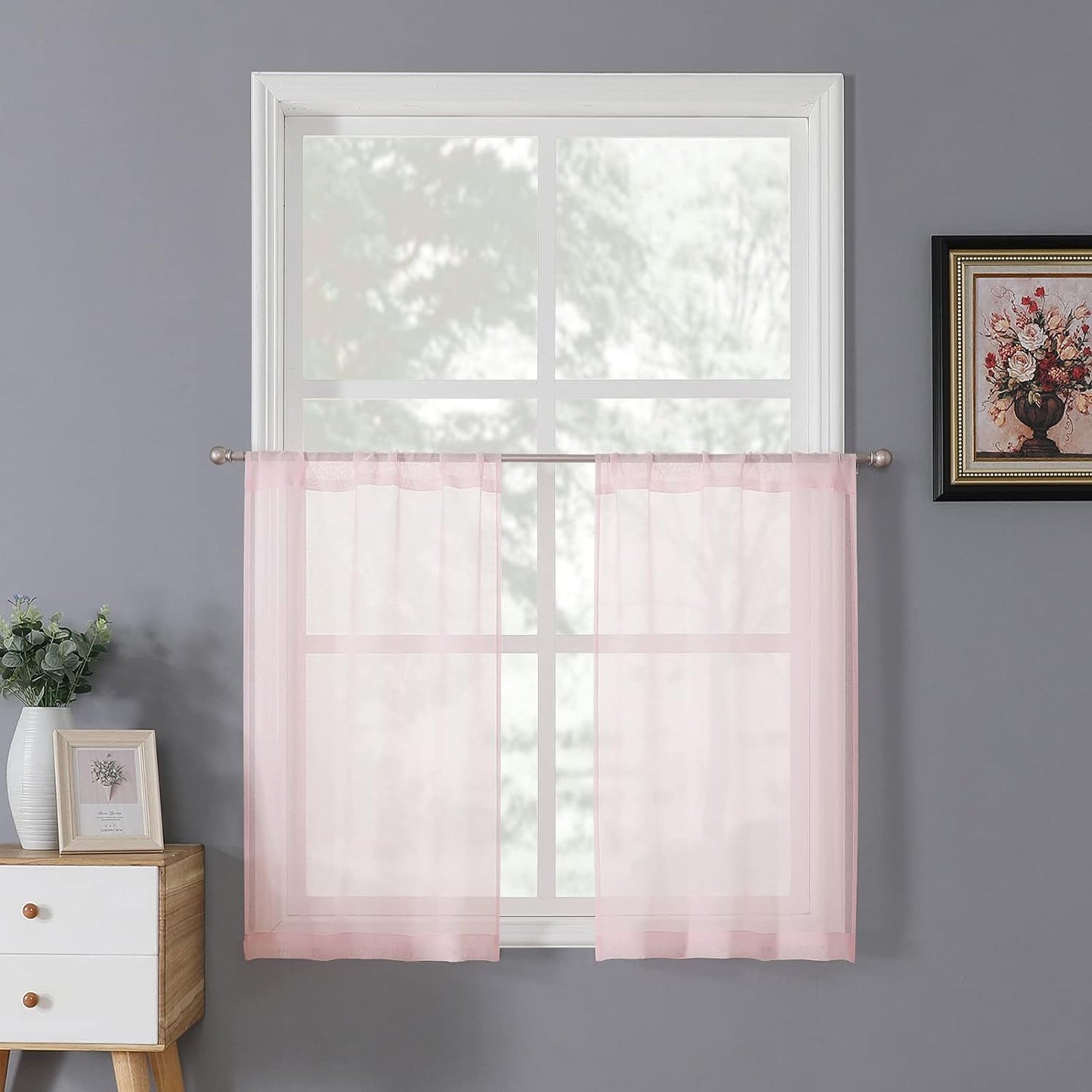 Tollpiz Short Sheer Curtains Linen Textured Bedroom Curtain Sheers Light Filtering Rod Pocket Voile Curtains for Living Room, 54 X 45 Inches Long, White, Set of 2 Panels  Tollpiz Tex Pink 25"W X 24"L 