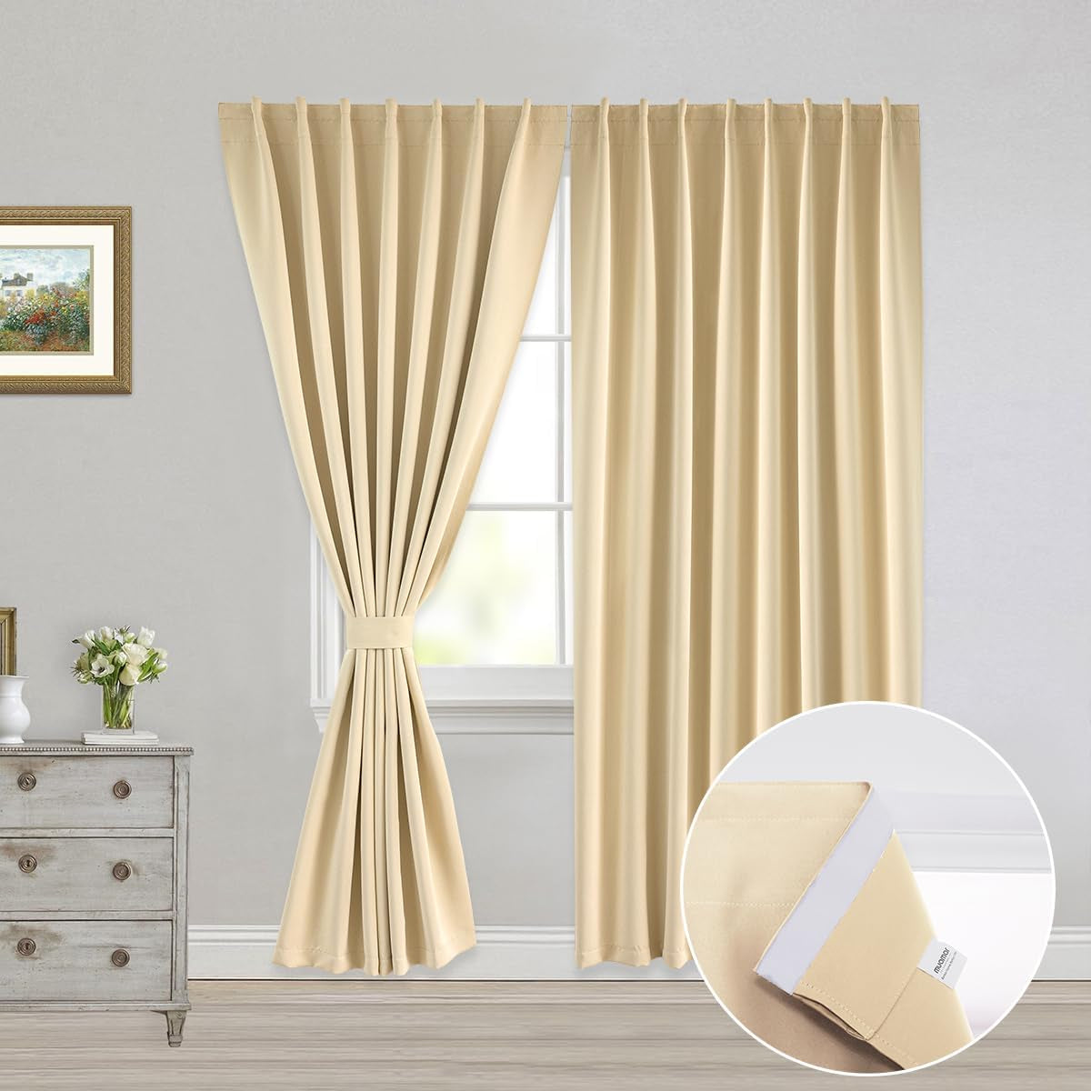 Muamar 2Pcs Blackout Curtains Privacy Curtains 63 Inch Length Window Curtains,Easy Install Thermal Insulated Window Shades,Stick Curtains No Rods, Black 42" W X 63" L  Muamar Beige 52"W X 84"L 