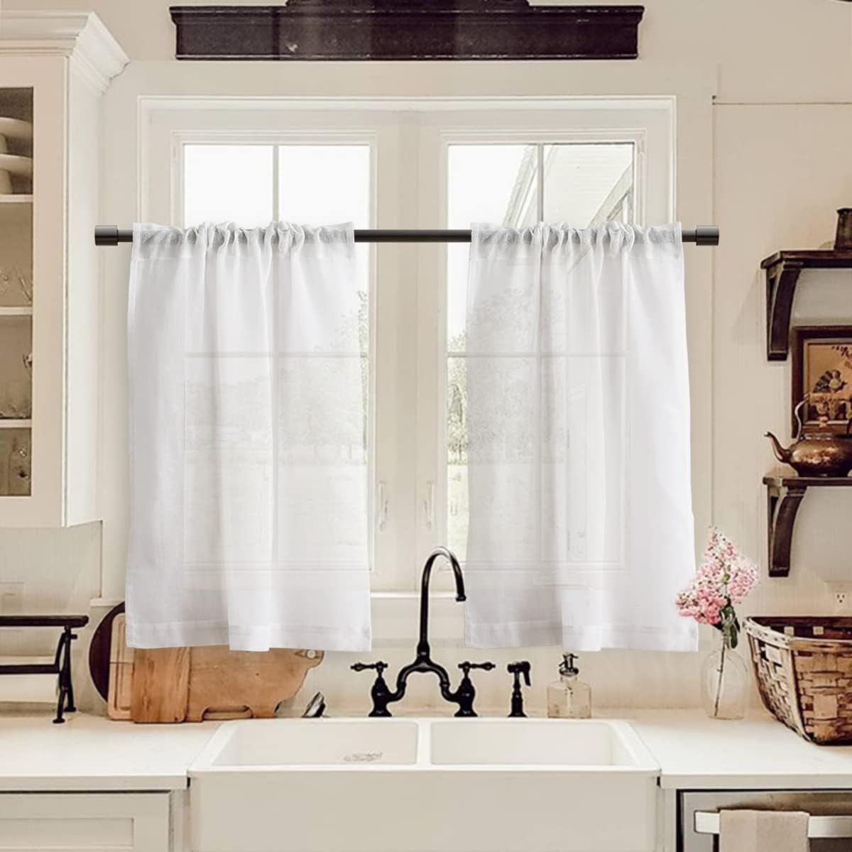 XTMYI off White Semi Sheer Short Curtains Rod Pocket Kitchen Neutral Linen Textured Casual Weave Cafe Half Cream Ivory Small Window Treatments 36 Inches Long for Travel Bathroom Laundry Room 2 Panels  XTMYI TEXTILE White 26X24 