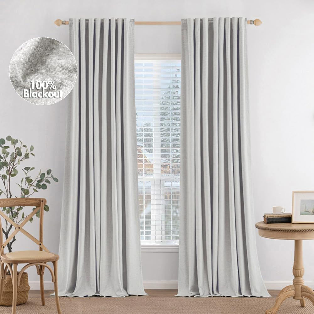 MIULEE 100% Blackout Curtains 90 Inches Long, Linen Curtains & Drapes for Bedroom Back Tab Black Out Window Treatments Thermal Insulated Room Darkening Rod Pocket, Oatmeal, 2 Panels  MIULEE Natural 52"W*90"L 
