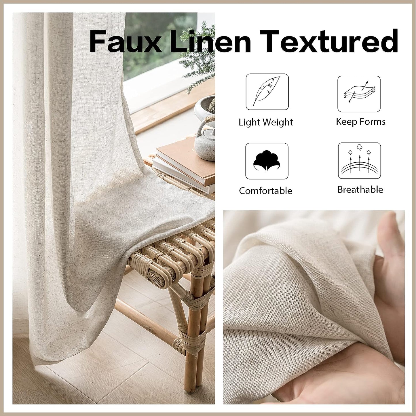 MAIHER Extra Wide Pinch Pleated Drapes 108 Inches Long, Faux Linen Light Filtering Semi Sheer Curtains with Hooks for Living Room Bedroom, Natural Linen (1 Panel, 100 W X 108 L)  MAIHER   