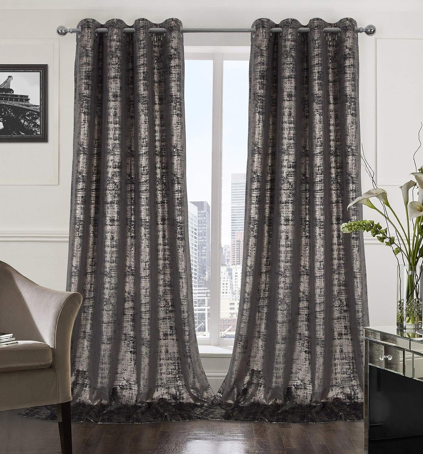 Always4U Soft Velvet Curtains 95 Inch Length Luxury Bedroom Curtains Gold Foil Print Window Curtains for Living Room 1 Panel White  always4u Charcoal Grey (Gold Print) 2 Panels: 52''W*108''L 