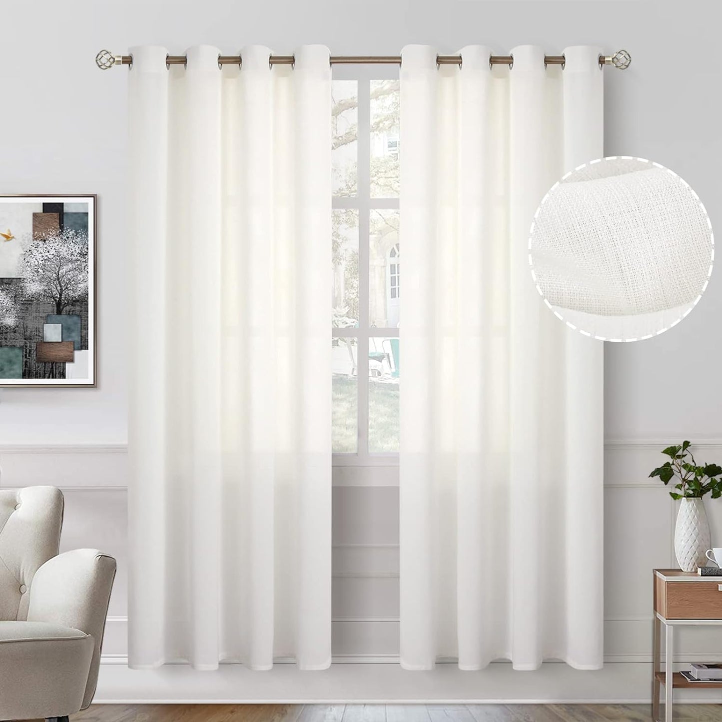 Bgment Natural Linen Look Semi Sheer Curtains for Bedroom, 52 X 54 Inch White Grommet Light Filtering Casual Textured Privacy Curtains for Bay Window, 2 Panels  BGment Ivory Cream 52W X 72L 