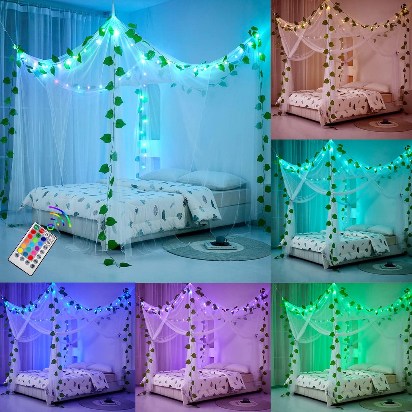 Akiky Princess Canopy Bed Curtains Bed Canopy Curtains with Lights for Queen Size Bed Drapes,8 Panels Canopies with 2 Lights,Room Décor (Full/Queen, White)  Akiky White-01 Queen/King 