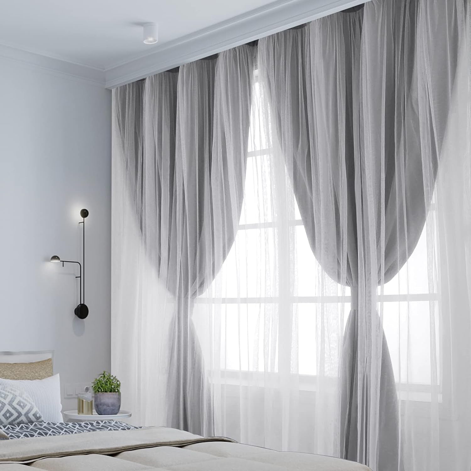 HOMEIDEAS Double Layer Curtains Light Grey Blackout Curtains 84 Inch Length 2 Panels Nursery Curtains for Girls Kids Bedroom Grommet Blackout Curtains with Sheer Overlay  HOMEIDEAS   