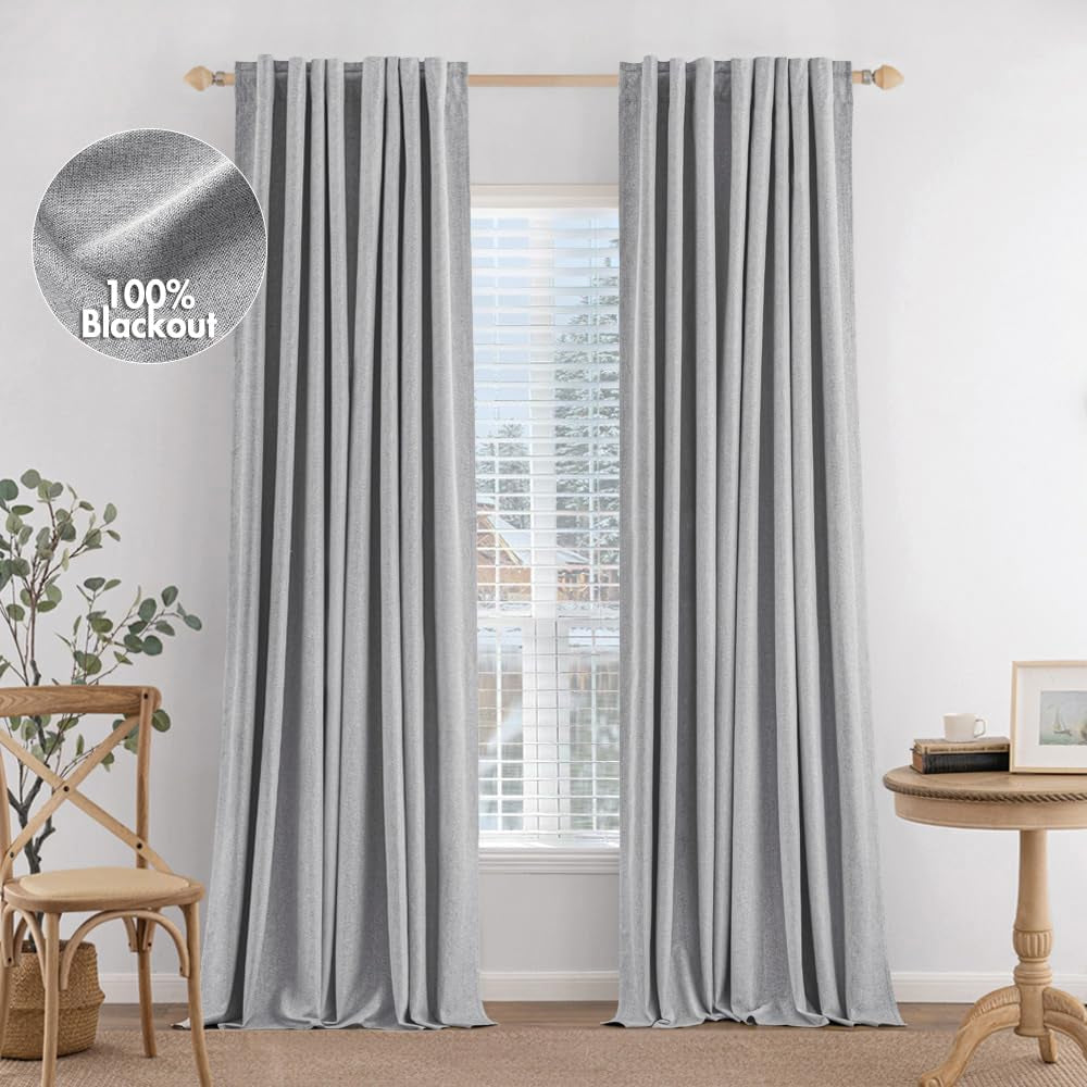 MIULEE 100% Blackout Curtains 90 Inches Long, Linen Curtains & Drapes for Bedroom Back Tab Black Out Window Treatments Thermal Insulated Room Darkening Rod Pocket, Oatmeal, 2 Panels  MIULEE Light Grey 52"W*90"L 
