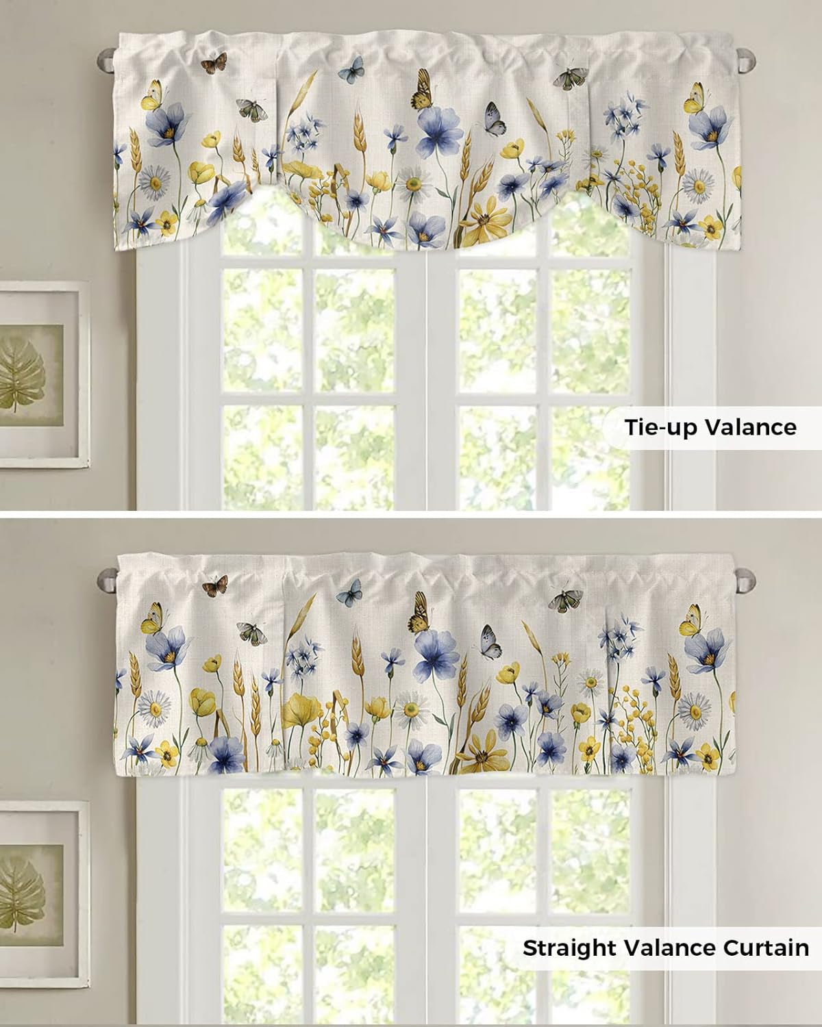 Butter-Fly Leaves Tie up Valance Curtain for Kitchen Living Room Bedroom Bathroom Cafe,Rod Pocket Short Window Drape Panel Adjustable Drapary Print,Elegant Fall Yellow Blue Yellow Daisy Beige 54"X18"