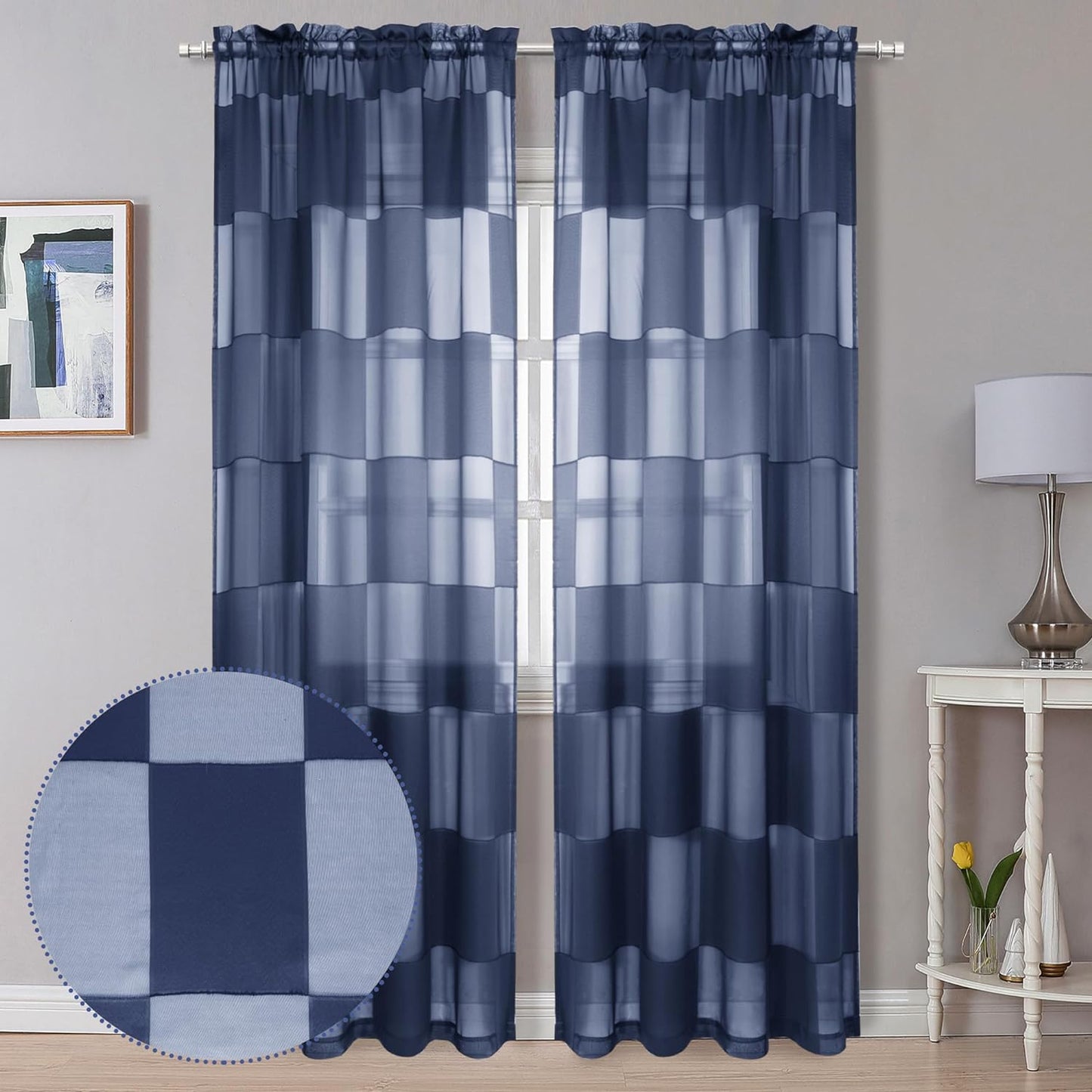 OVZME Sage Green Sheer Bedroom Curtains 84 Inch Length 2 Panels Set, Dual Rod Pocket Clip Checkered Window Curtains for Living Room, Light Filtering & Privacy Sheer Green Drapes, Each 42W X 84L  OVZME Navy Blue 42W X 96L 