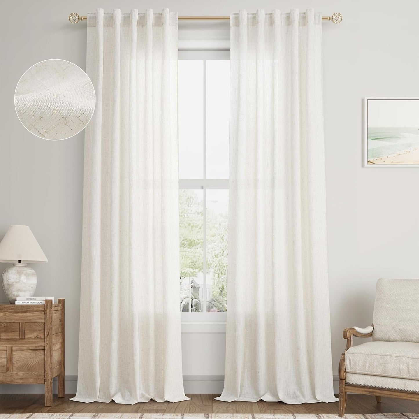 Natural Linen Sheer Curtains 84 Inch Long for Living Room Bedroom Back Tab Light Filtering Privacy Farmhouse Rod Pocket Ivory off White Neutral Drapes with Hooks 2 Panels Cream Beige  SPWIY Natural 40W X 108L Inch X 2 Panels 