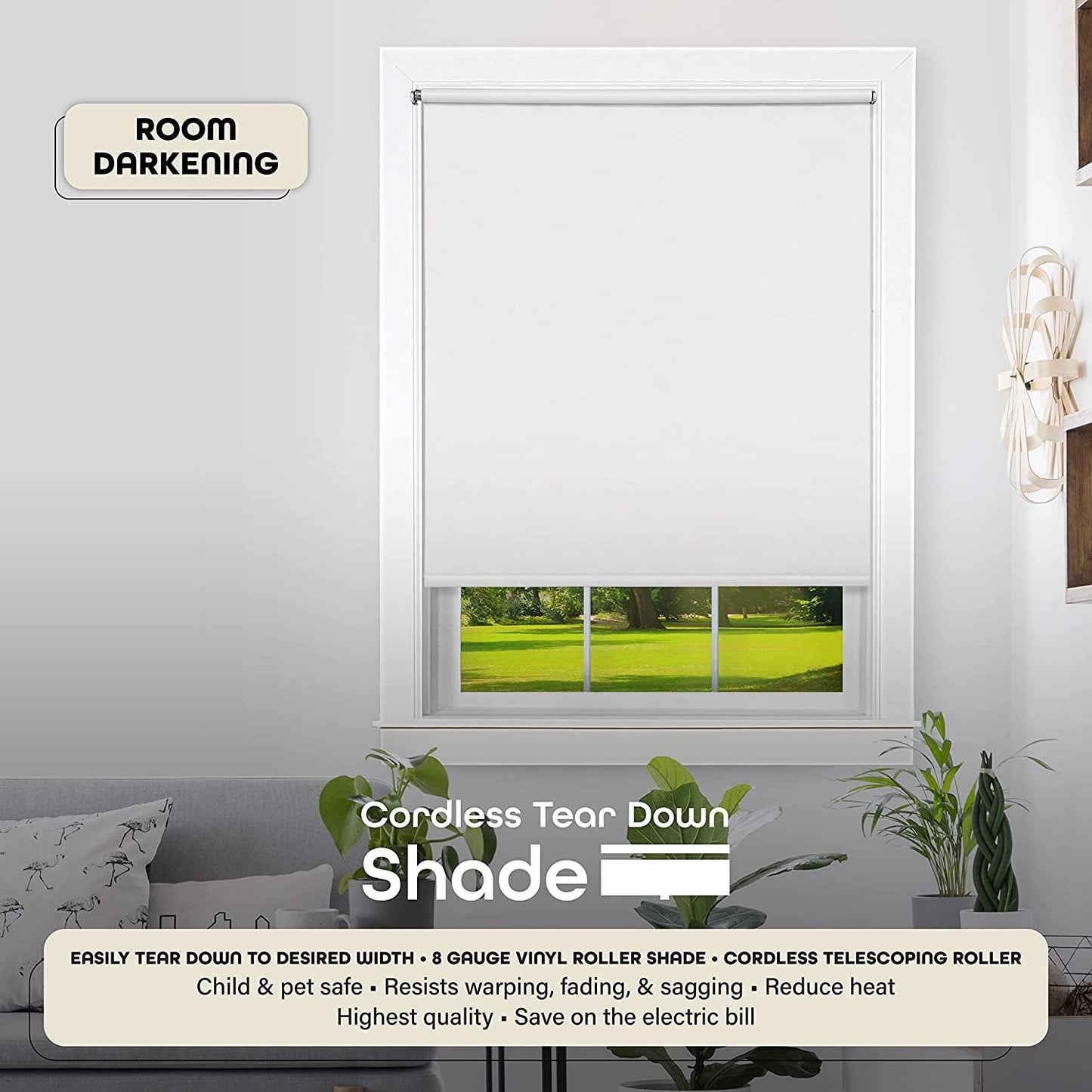 Cordless Tear down Room Darkening Shade - 37 Inch Width, 72 Inch Length - White - Cord-Free Customizable Light Filtering Horizontal Mini Vinyl Windows Blinds for Interior by Achim Home Decor