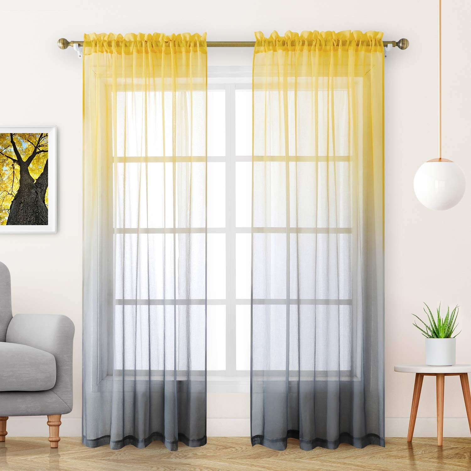 HOMEIDEAS 2 Panels Yellow and Grey Sheer Curtains for Girls Bedroom 52 X 84 Inch, Ombre Linen Curtains Rod Pocket Drapes for Nursery Kids Window and Living Room  HOMEIDEAS Yellow Grey 52"W X 84"L 