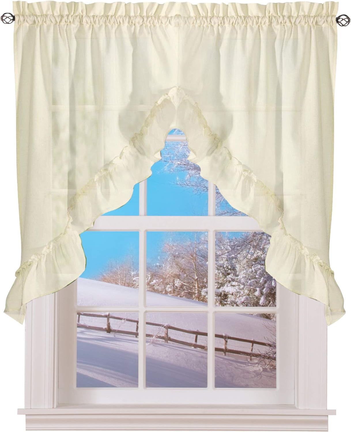 Ellis Curtain Stacey Ruffled Swag Curtains - 38X60, Rod-Pocket Top - ICE Cream