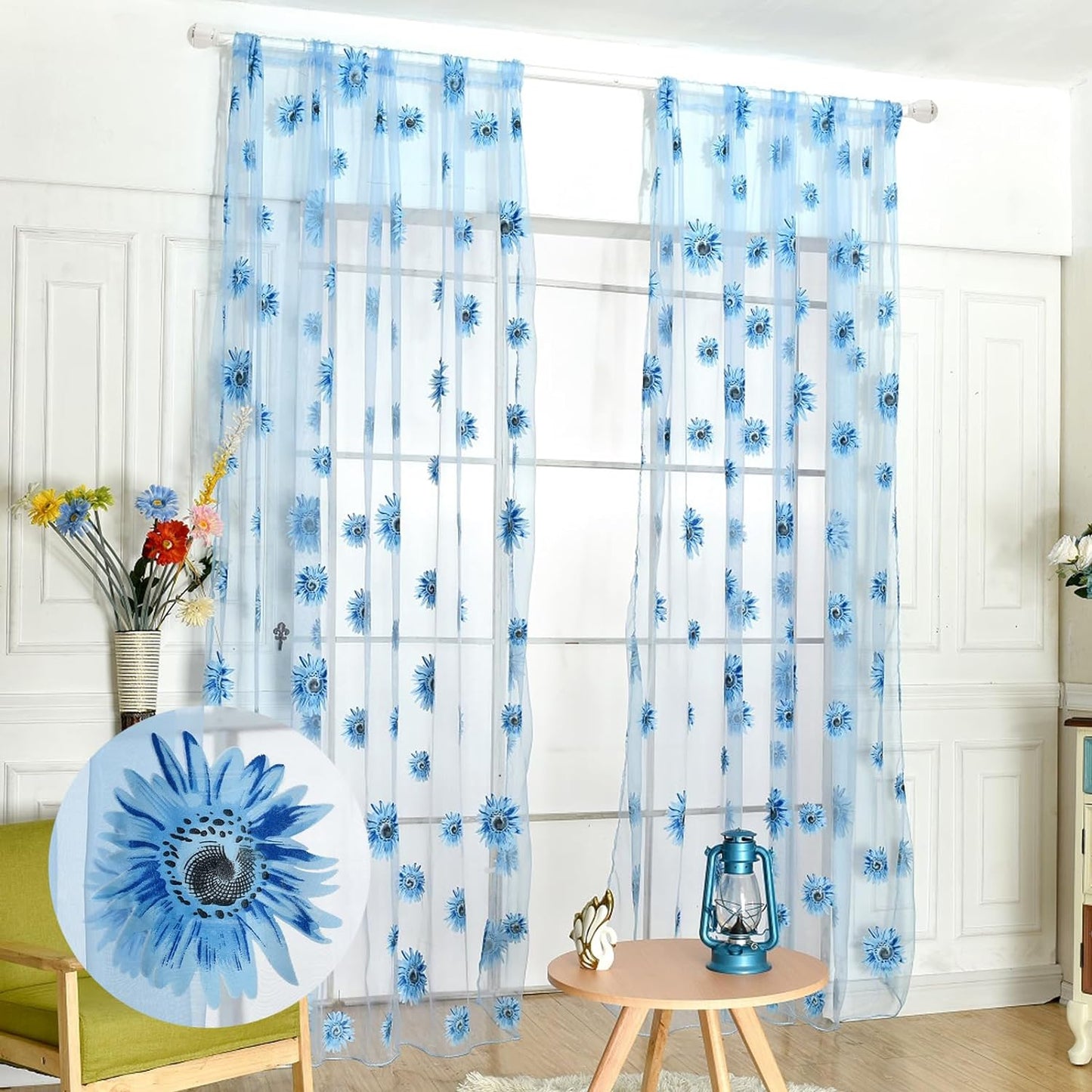 Ufurty Rely2016 Sunflower Window Curtain, 2PCS Sun Flower Floral Voile Sheer Curtain Panels Tulle Room Salix Leaf Sheer Gauze Curtain for Living Room, Bedroom, Balcony - Rod Pocket Top (100 X 200)  Rely2016 Blue Flower 100*200Cm 