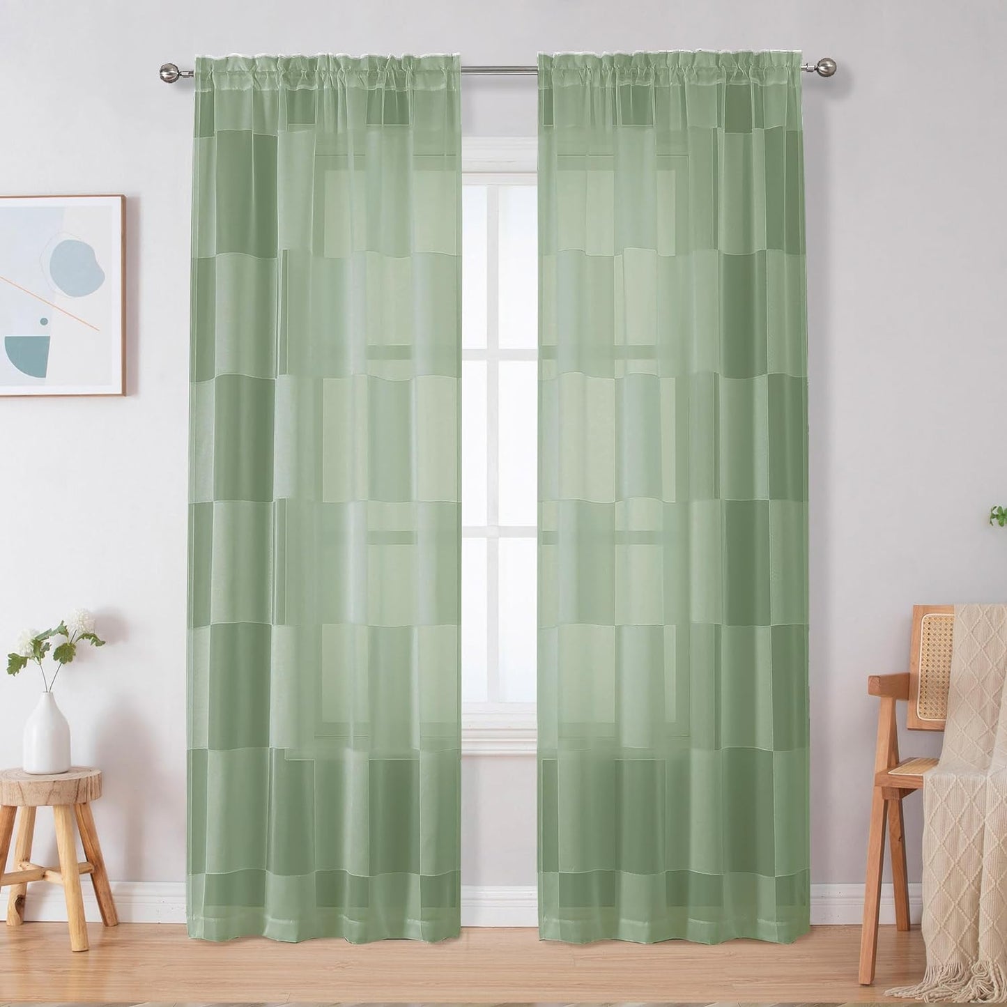 OVZME Sage Green Sheer Bedroom Curtains 84 Inch Length 2 Panels Set, Dual Rod Pocket Clip Checkered Window Curtains for Living Room, Light Filtering & Privacy Sheer Green Drapes, Each 42W X 84L  OVZME Sage Green 42W X 96L 