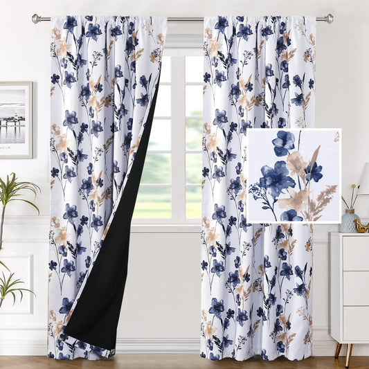 H.VERSAILTEX 100% Blackout Curtains for Bedroom Cattleya Floral Printed Drapes 84 Inches Long Leah Floral Pattern Full Light Blocking Drapes with Black Liner Rod Pocket 2 Panels, Navy/Taupe  H.VERSAILTEX Navy/Taupe 52"W X 84"L 