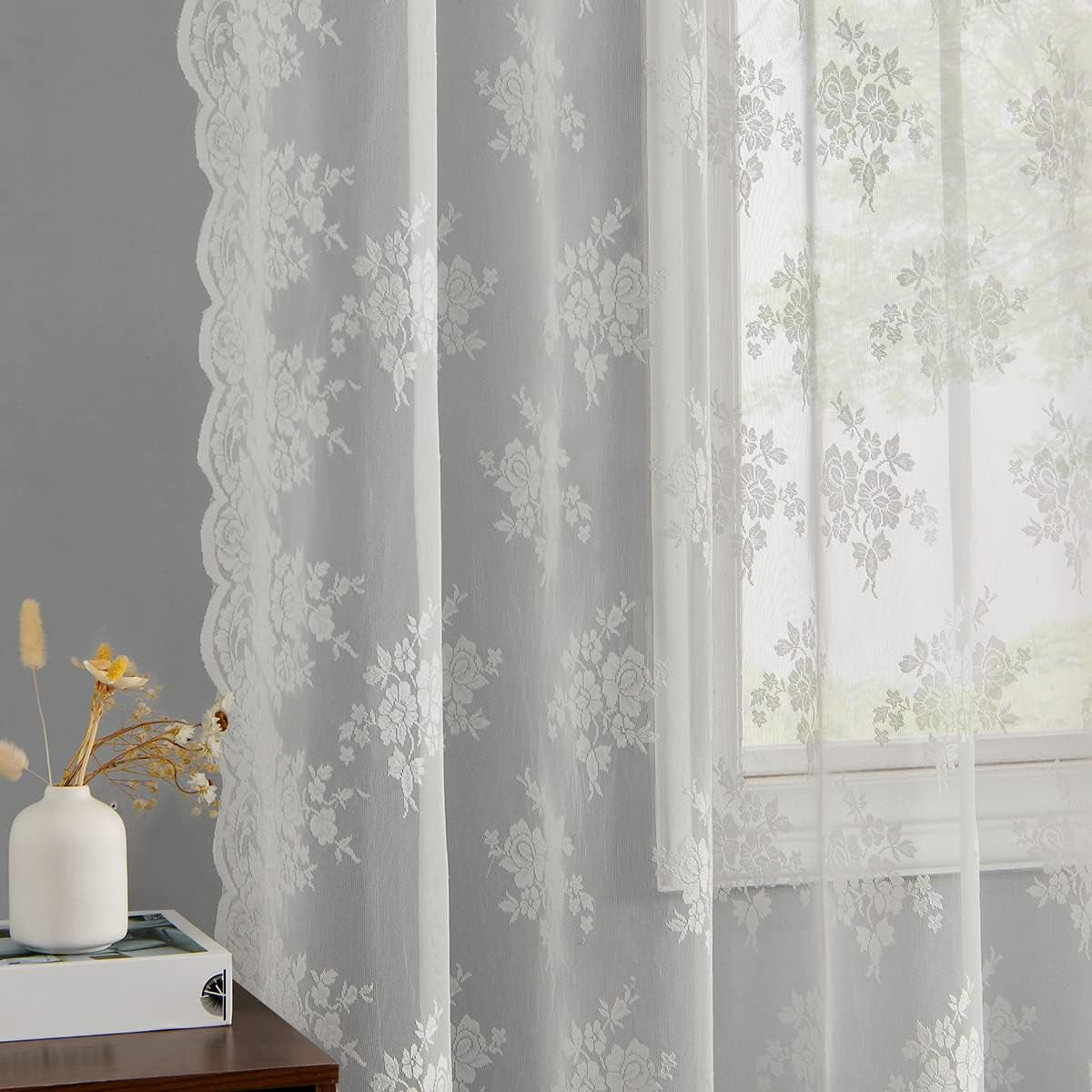 Kotile Sage Green Sheer Valance Curtain for Windows, Rustic Floral Spring Sheer Window Valance Curtain 18 Inch Length, Light Filtering Rod Pocket Lace Valance, 52 X 18 Inch, 1 Panel, Sage Green  Kotile Textile Ivory 52 In X 95 In Grommet 