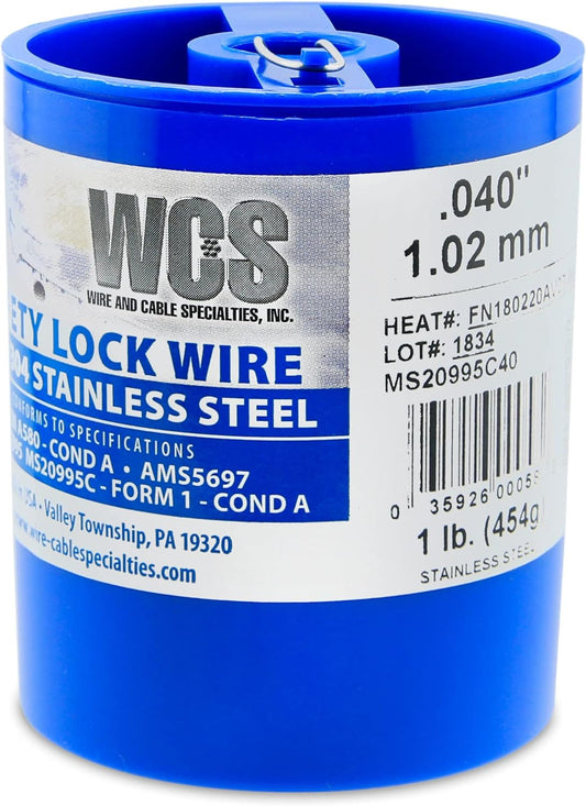 Lock Wire, T302/304 Stainless, NASM20995, MS20995C, ASTM A580 Cond A, AMS5697, 040 in (1.01 Mm), 1 Lb (0.45 Kg) Dispenser Can, Approx. 231 Ft (71 M)