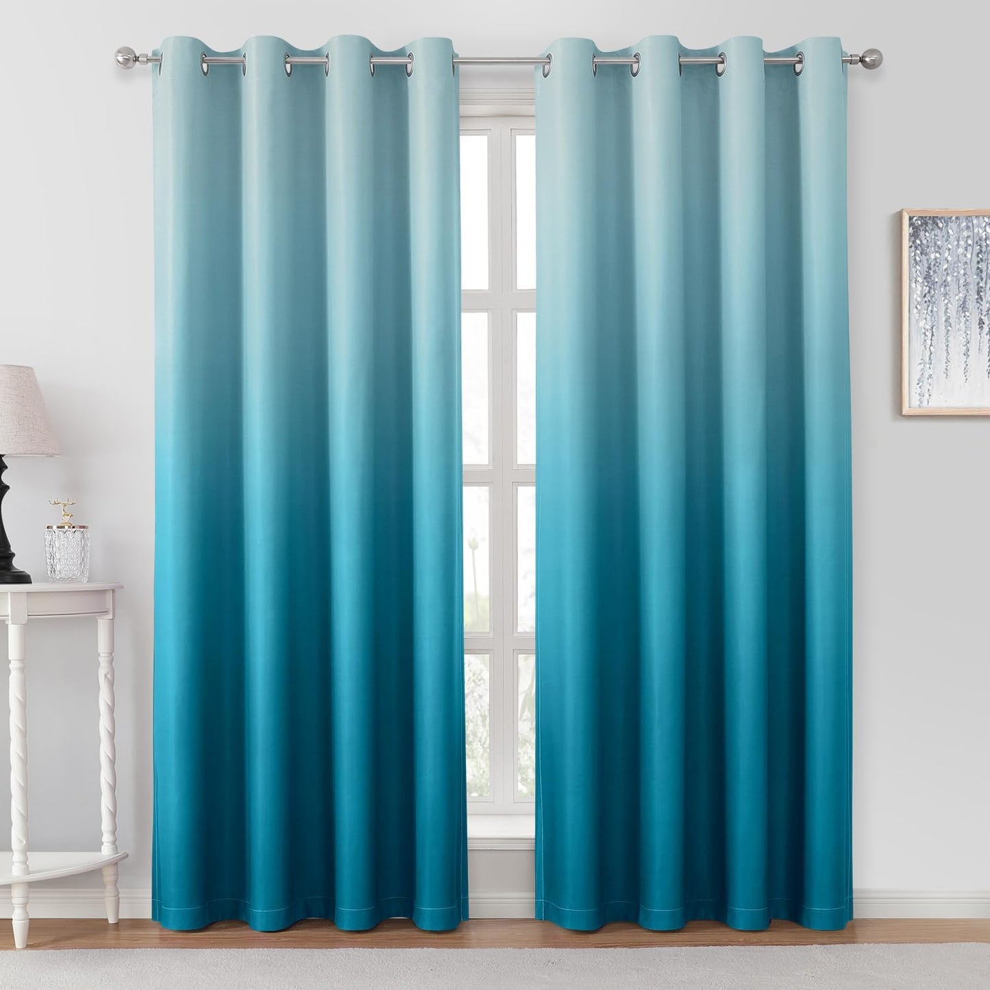 HOMEIDEAS Navy Blue Ombre Blackout Curtains 52 X 84 Inch Length Gradient Room Darkening Thermal Insulated Energy Saving Grommet 2 Panels Window Drapes for Living Room/Bedroom  HOMEIDEAS Turquoise 52"W X 96"L 