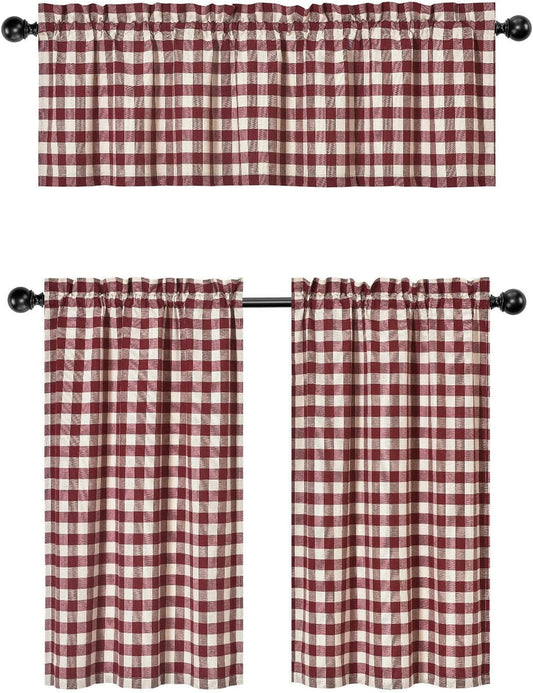 Goodgram 3 Pc. Plaid Country Chic Cotton Blend Kitchen Curtain Tier & Valance Set - Assorted Colors (Wine/Burgundy)