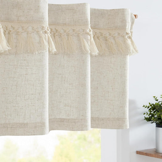 Jinchan Boho Valance with Tassels Linen Kitchen Valance Curtain for Windows 16 Inch Length Beige Farmhouse Rustic Valance for Living Room Laundry RV Light Filtering Back Tab Valance 1 Panel Crude