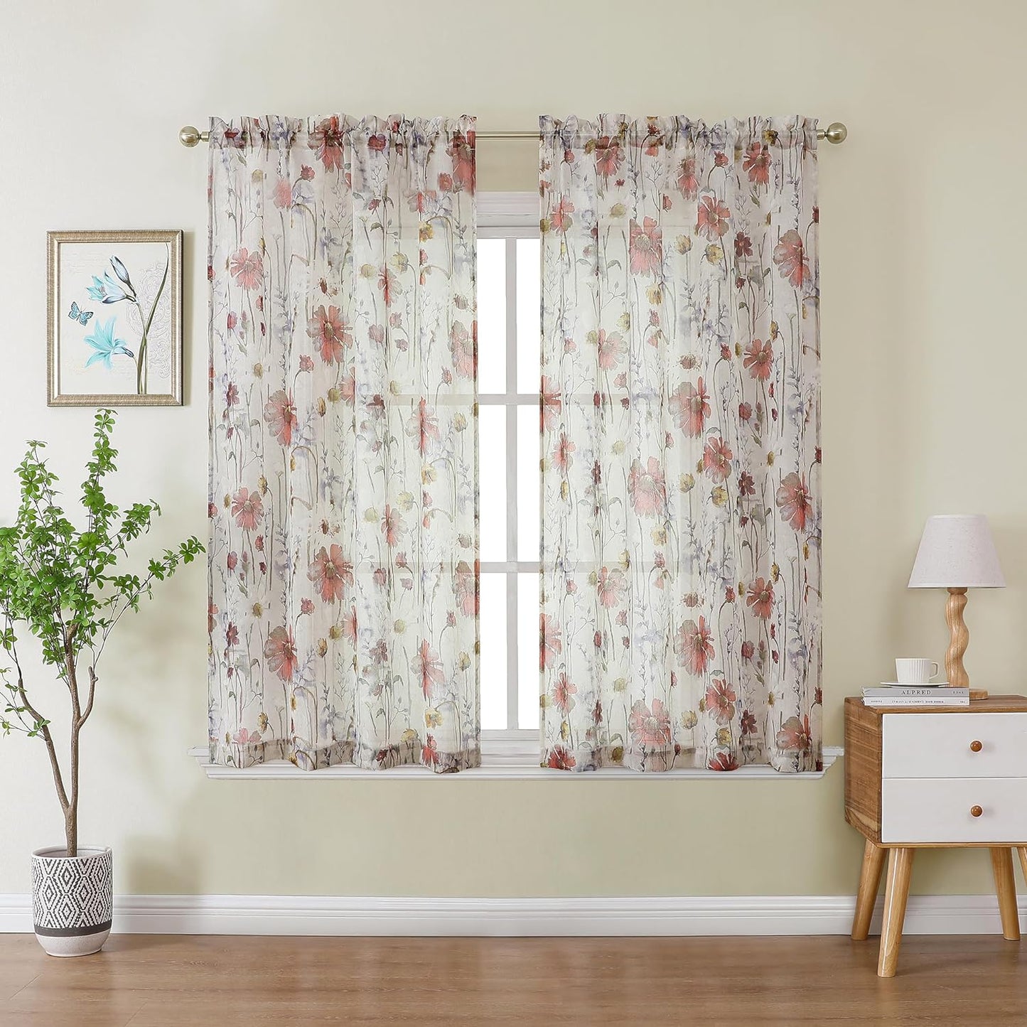 OWENIE Crushed Semi Sheer Curtains 72 Inches Length 2 Panels, Floral Pattern Design Rod Pocket Light Filtering Farmhouse Curtains for Bedroom Living Room, 2 Pieces Total 84 Inch Wide, 72 Inch Long  OWENIE Multi Color 42"Wx45"L | 2Pcs 