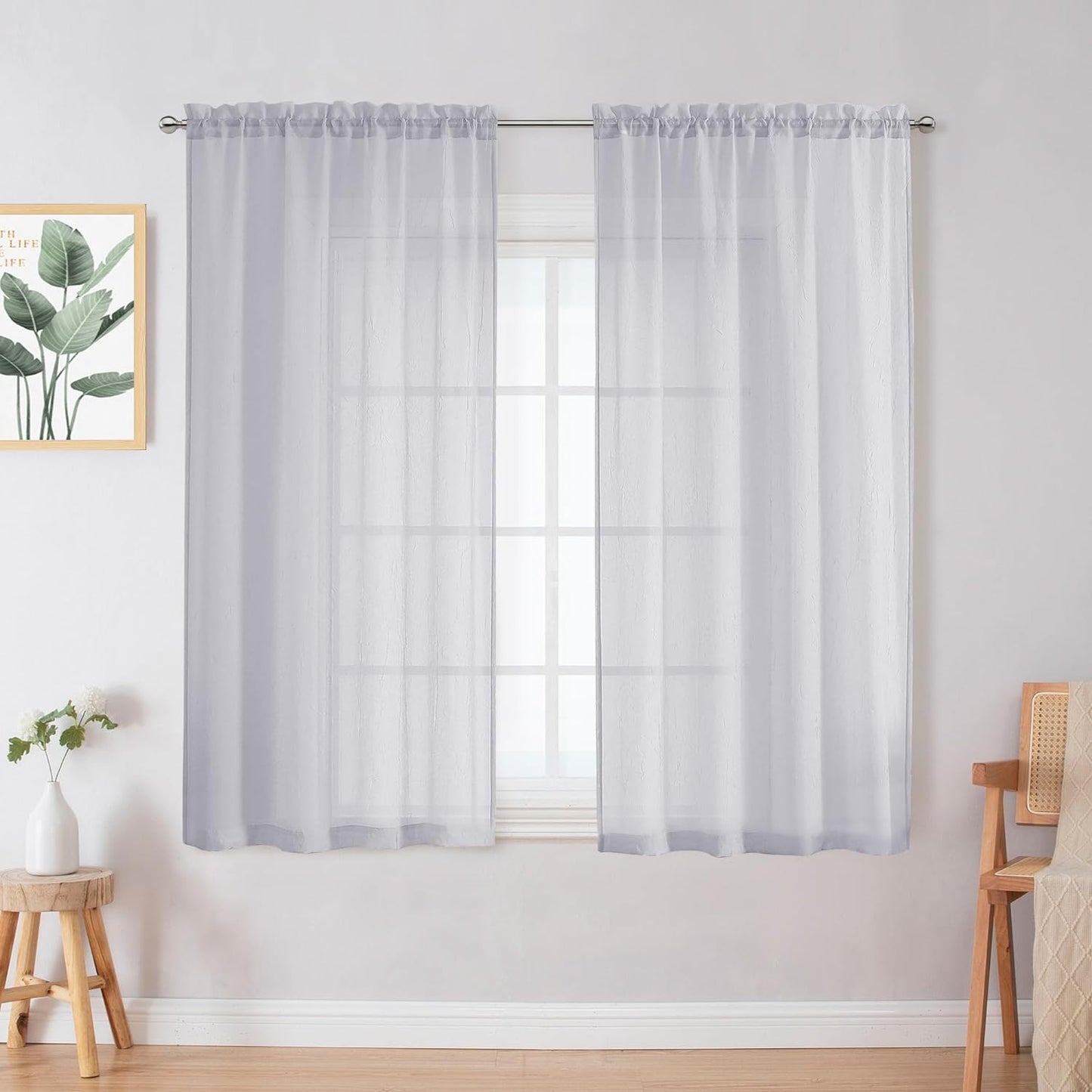Chyhomenyc Crushed White Sheer Valances for Window 14 Inch Length 2 PCS, Crinkle Voile Short Kitchen Curtains with Dual Rod Pockets，Gauzy Bedroom Curtain Valance，Each 42Wx14L Inches  Chyhomenyc Light Grey 28 W X 45 L 