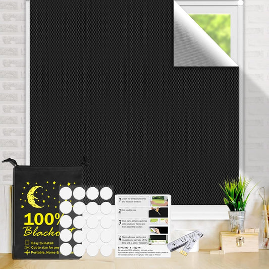 Black Out Blinds for Window 100% Blackout Fabric 79" X 57" Portable Blackout Shades Temporary Sun Blocking Shades for Windows Quick Use with Nano Stickers for Home & Travel Rollable Washable Reusable