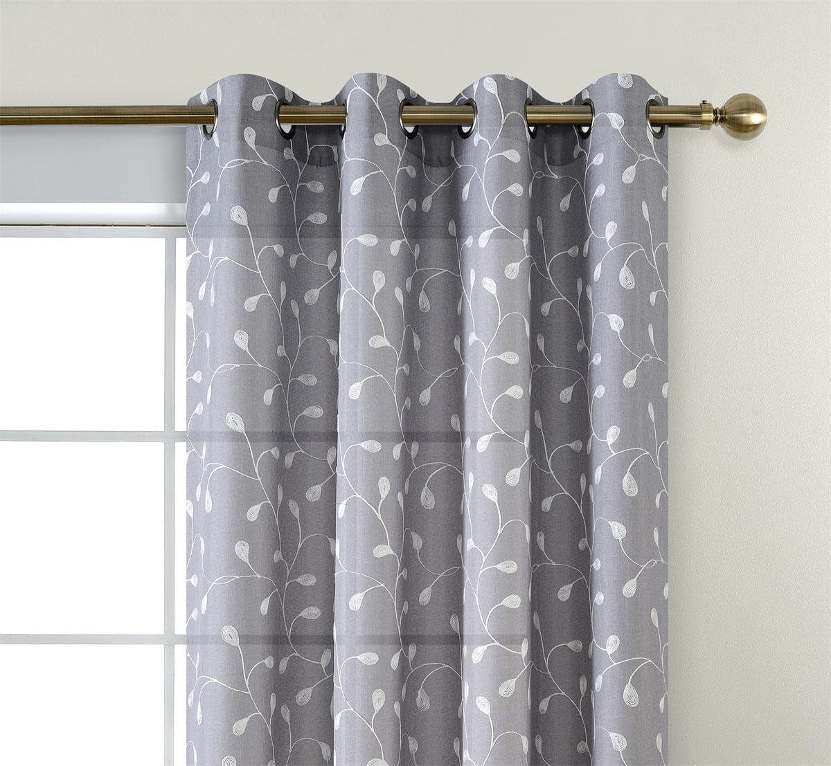 MIUCO Floral Embroidered Semi Sheer Curtains Faux Linen Grommet Curtains for Girls Room 52 X 84 Inch Set of 2, off White  MIUCO Grey 52X95 Inch 