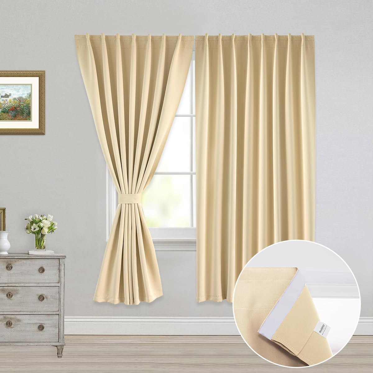 Muamar 2Pcs Blackout Curtains Privacy Curtains 63 Inch Length Window Curtains,Easy Install Thermal Insulated Window Shades,Stick Curtains No Rods, Black 42" W X 63" L  Muamar Beige 52"W X 63"L 